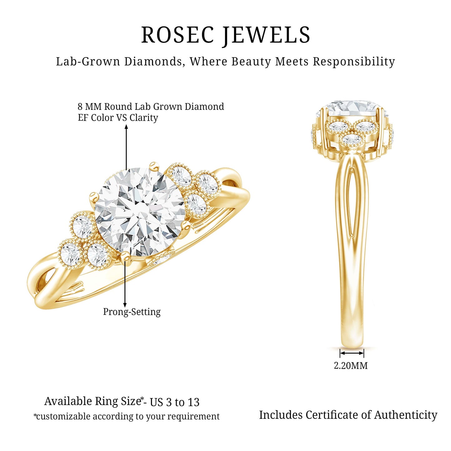 2 Carat Solitaire Lab Diamond Engagement Ring With Diamond Trio