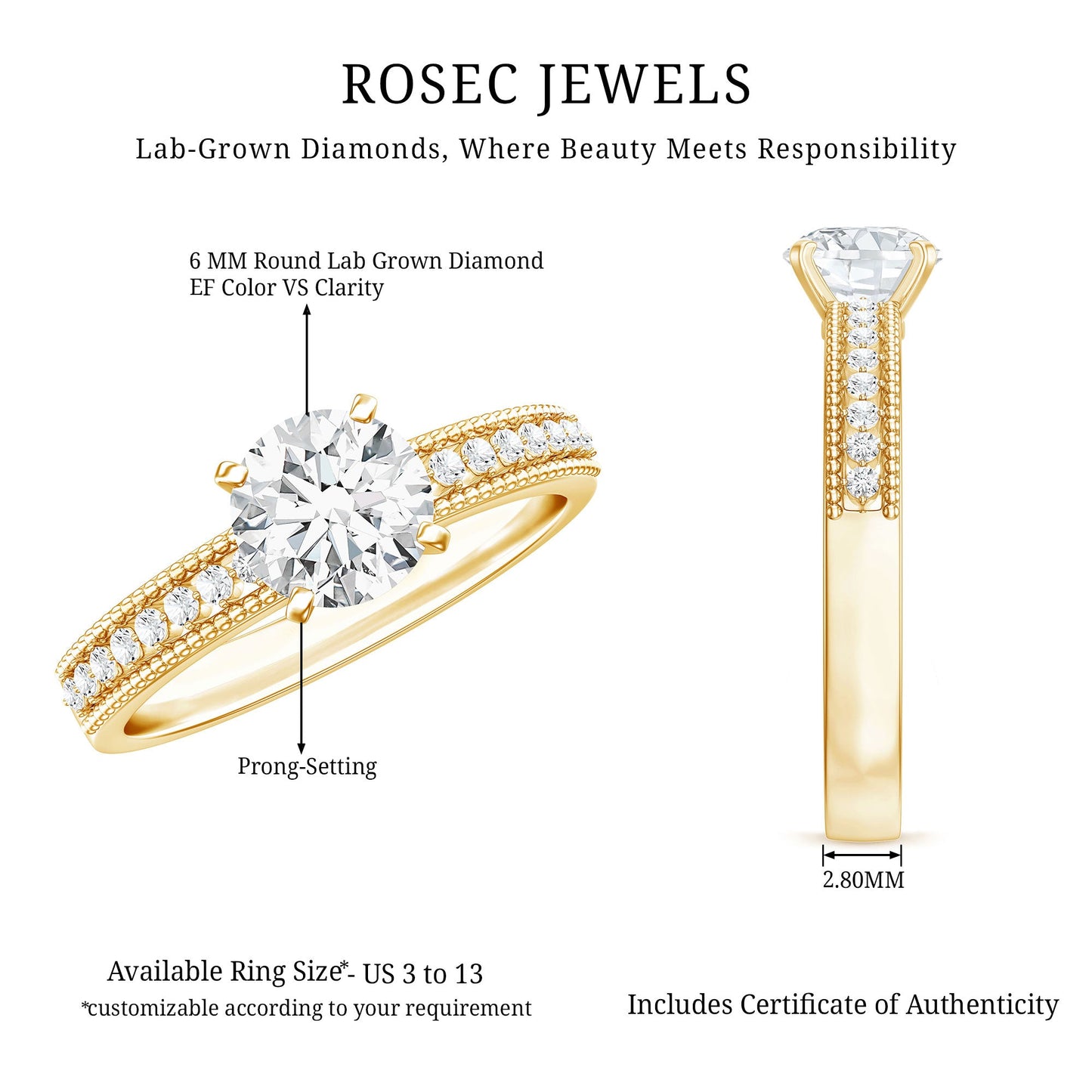 Certified Lab Grown 0.9 Carat Diamond Engagement Ring with Side Stones