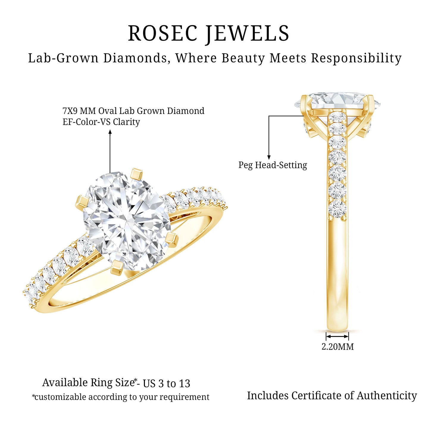Certified Lab Grown Diamond 2 Carat Engagement Ring With Side Stones