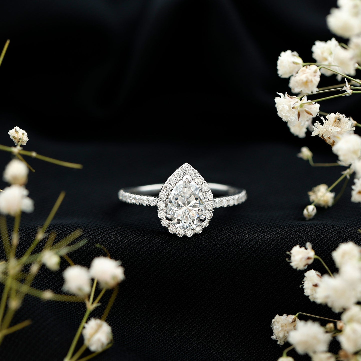 Certified Lab Grown Diamond Pear Halo Engagement Ring