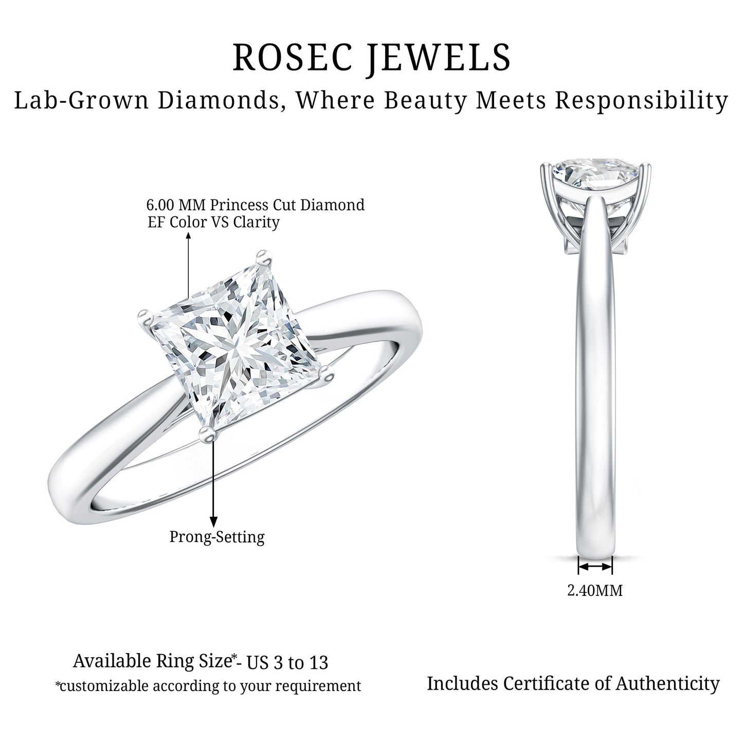 1.2 Carat Princess Cut Lab Grown Diamond Solitaire Engagement Ring For Women