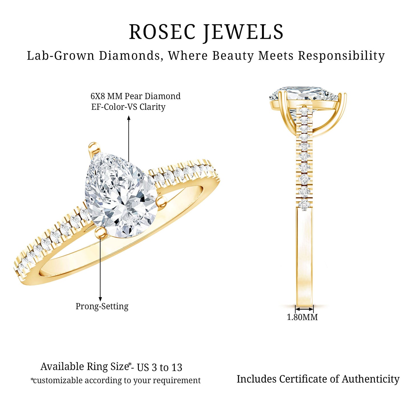 Lab Diamond 1.3 Carat Pear Shape Engagement Ring With Side Stones