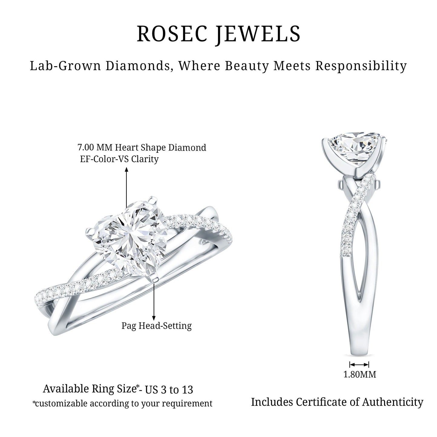 Criss Cross Lab Grown Diamond Heart Engagement Ring