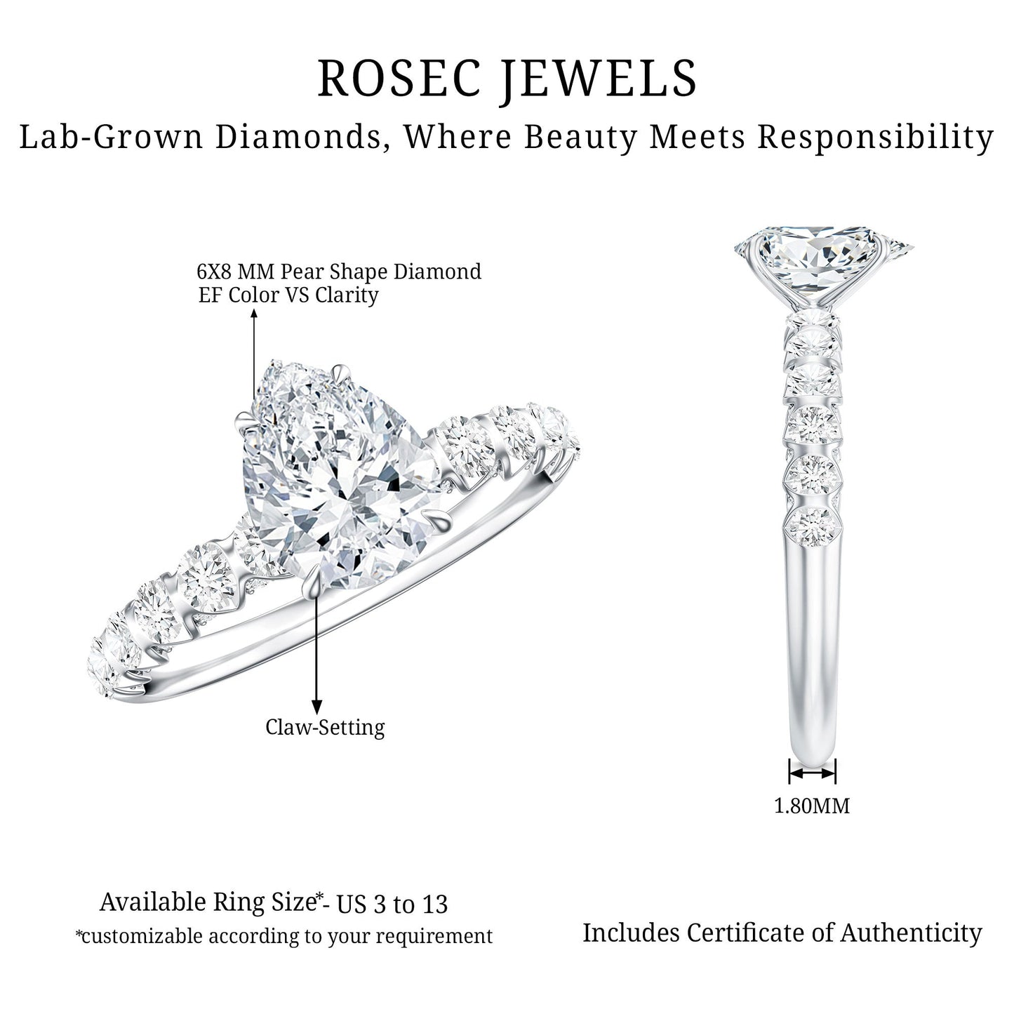 1.3 Carat Pear Cut Lab Grown Diamond Engagement Ring for Women
