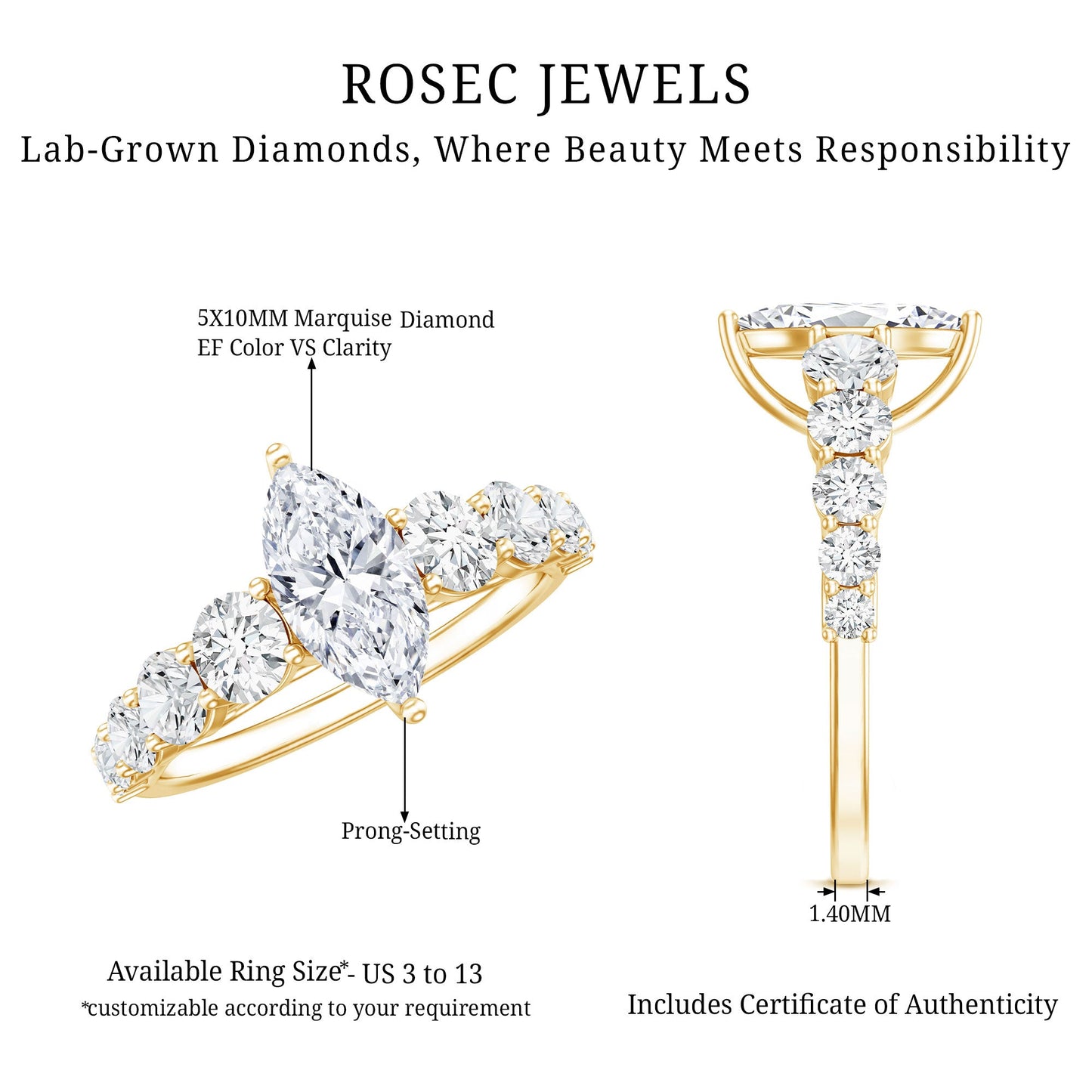 Lab Created Diamond Marquise Engagement Ring With Side Stones