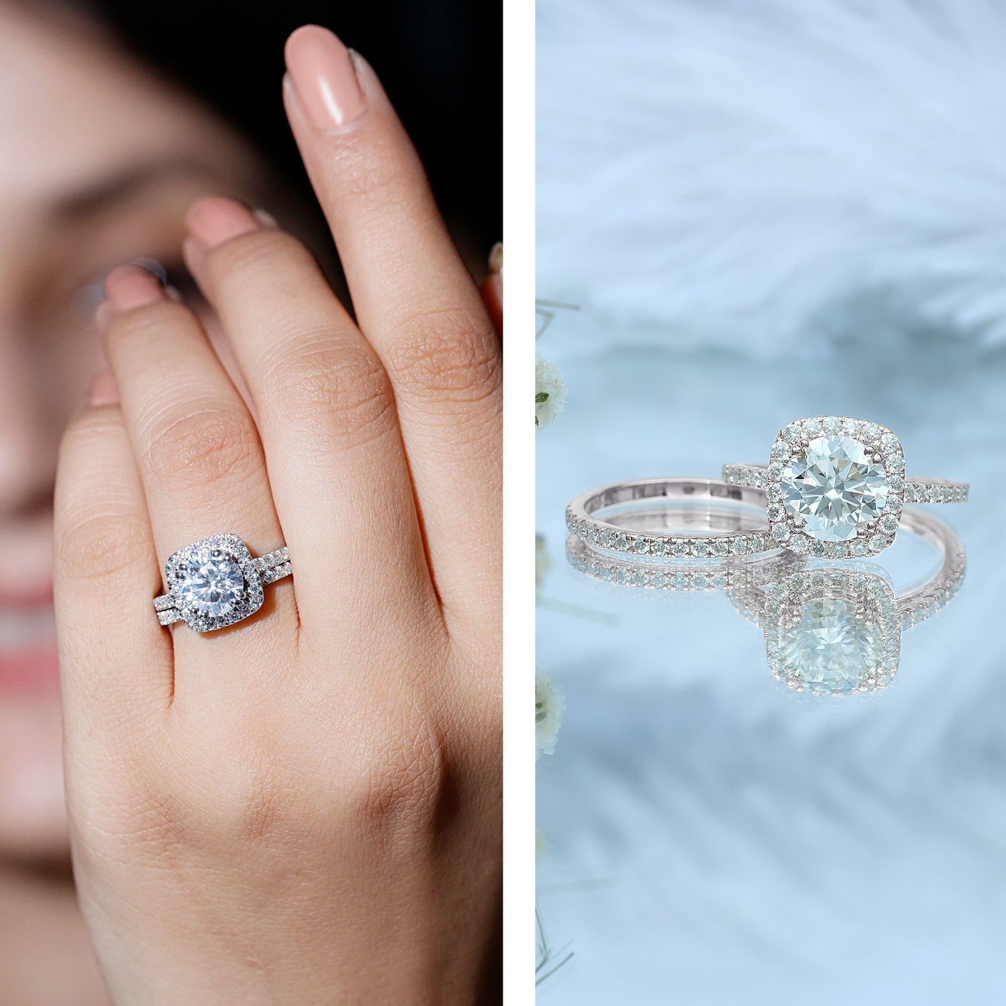 Lab Grown 2 Carat Diamond Halo Engagement Ring with Wedding Band