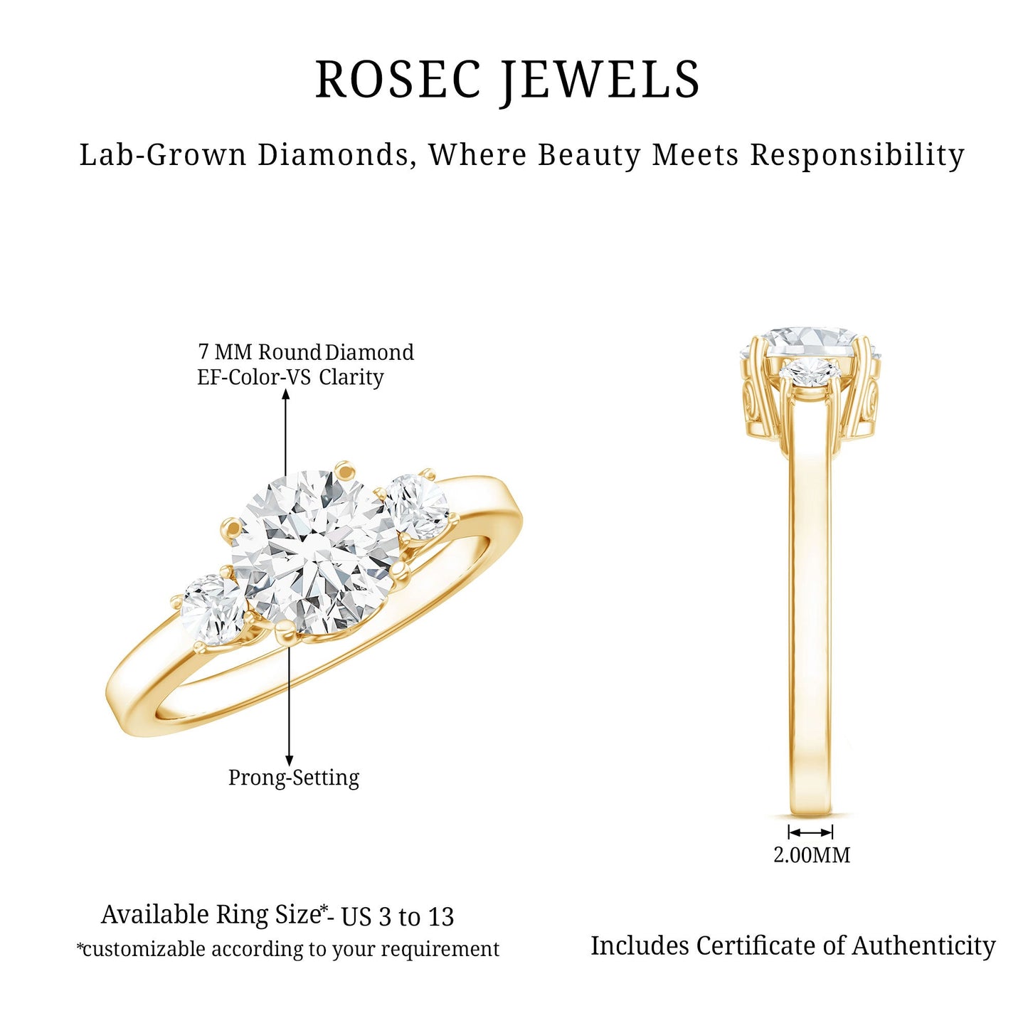 1.2 Carat Lab Grown Diamond 3 Stone Engagement Ring for Women
