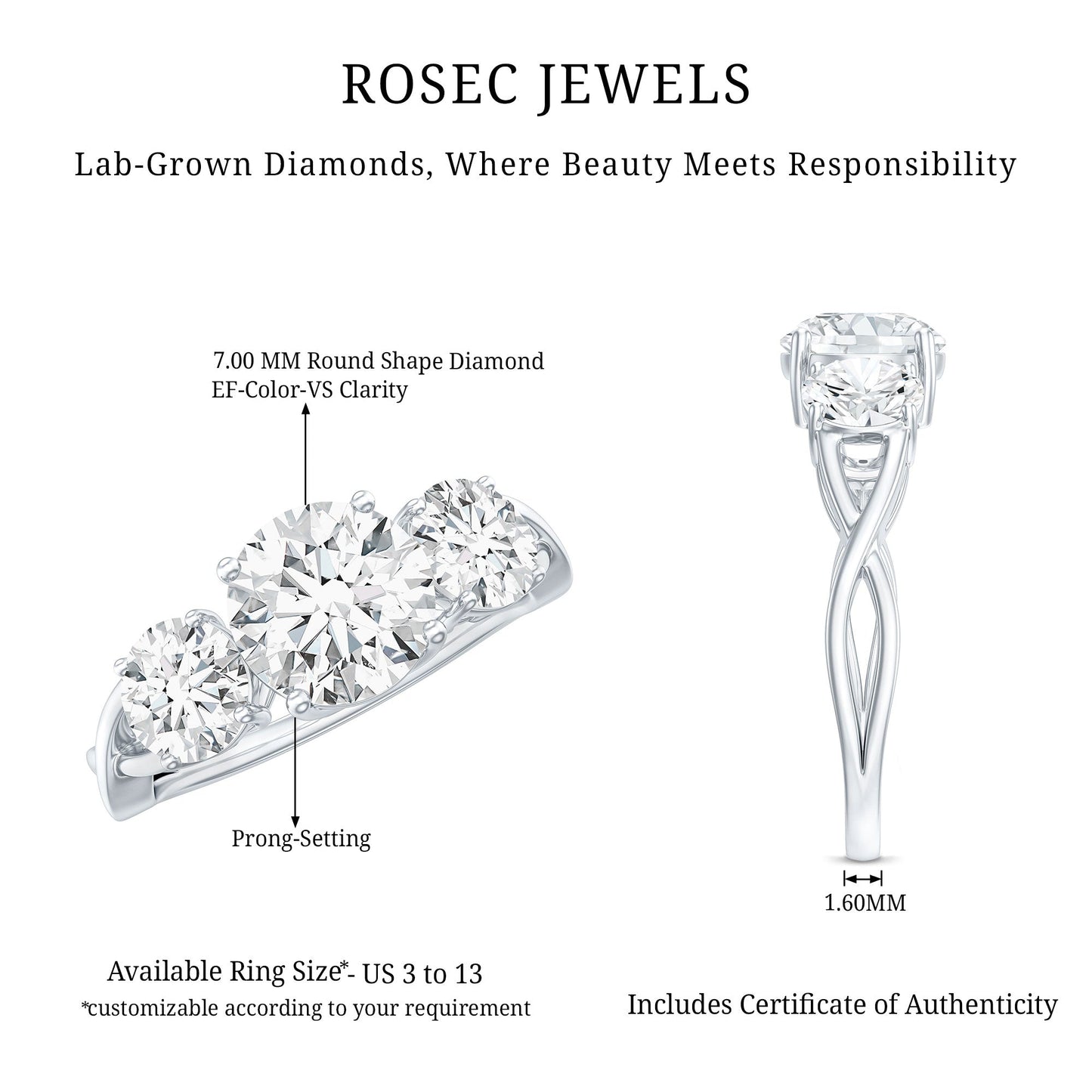 Lab Grown Diamond Three Stone Engagement Ring with Crossover Shank