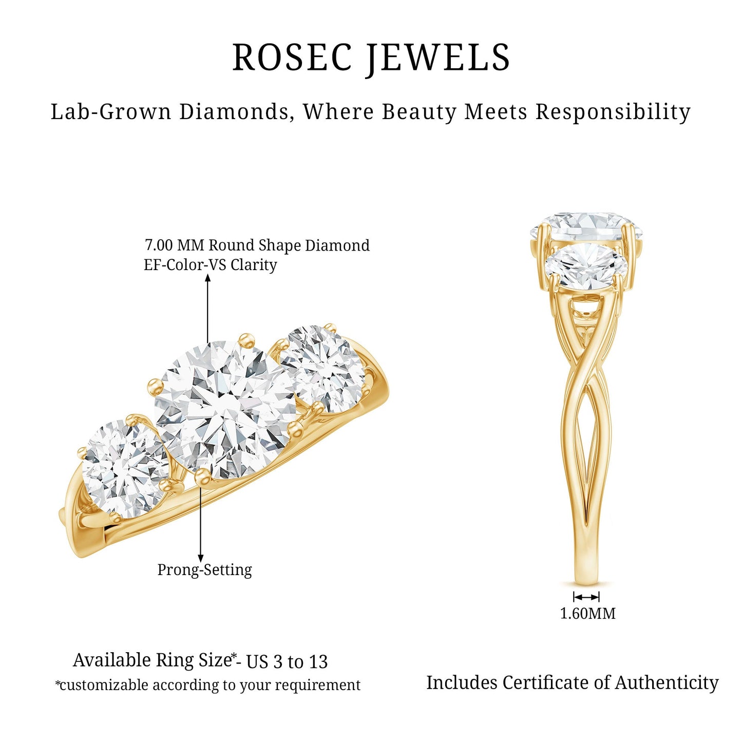 Lab Grown Diamond Three Stone Engagement Ring with Crossover Shank
