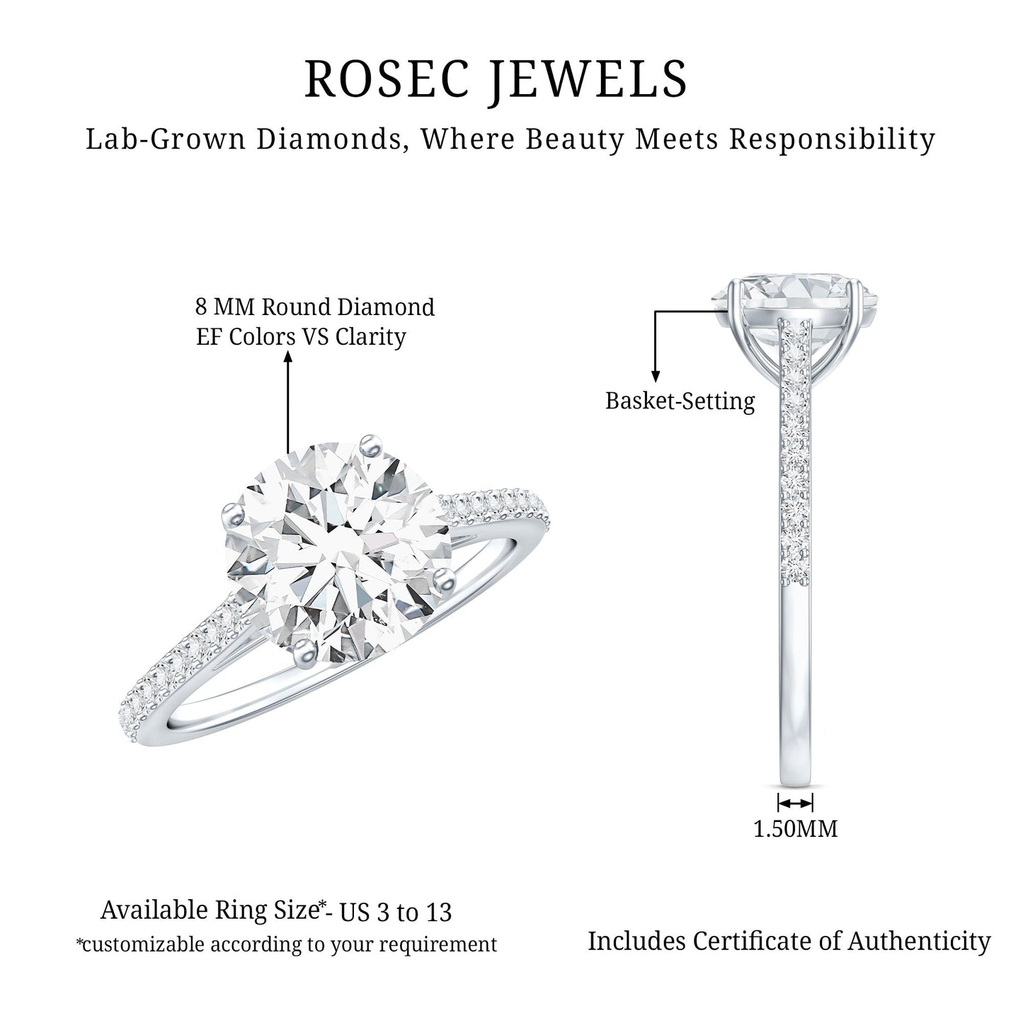 Solitaire Lab Grown Diamond Ring with Side Stones for Women