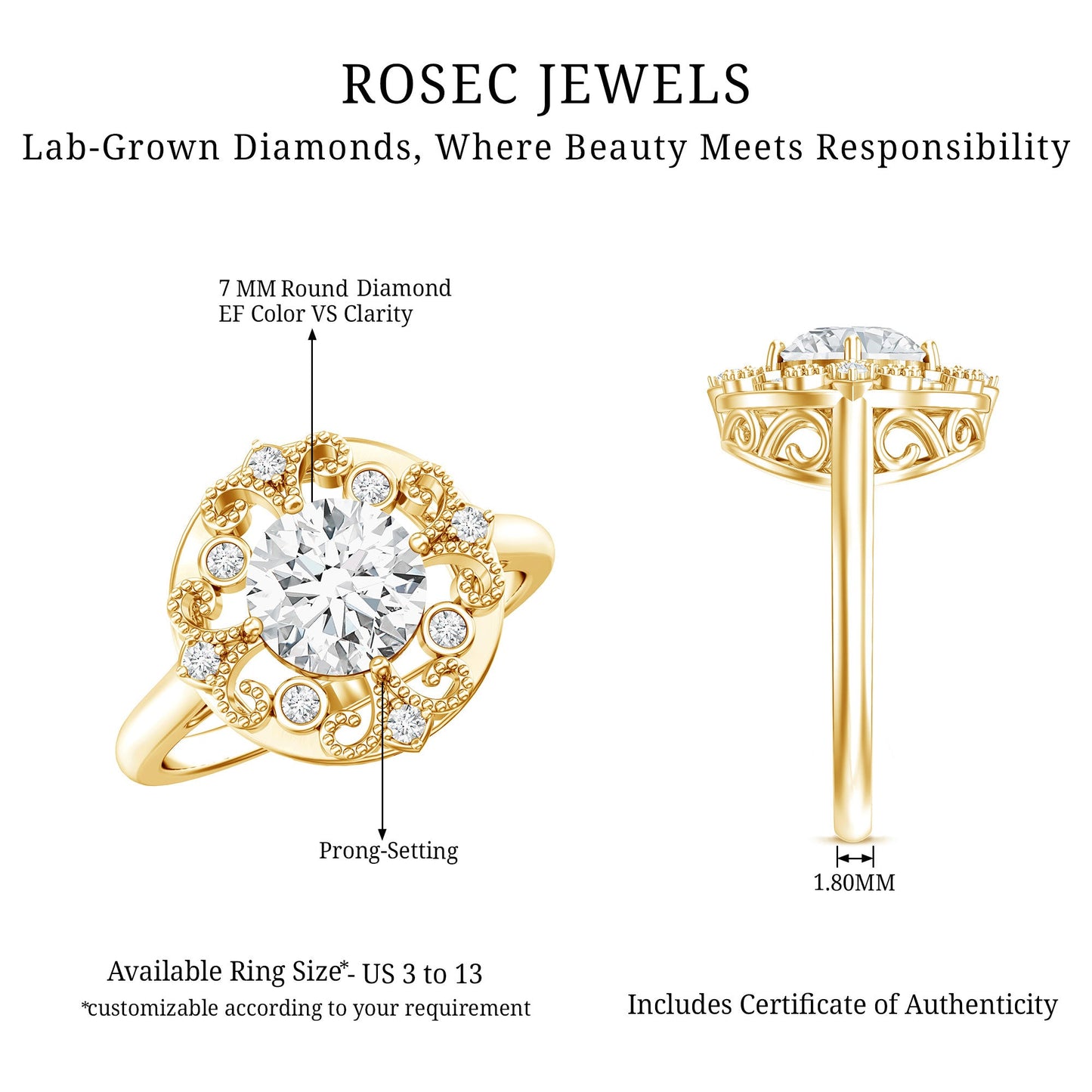 Certified Lab Grown Diamond Beaded Engagement Ring for Women
