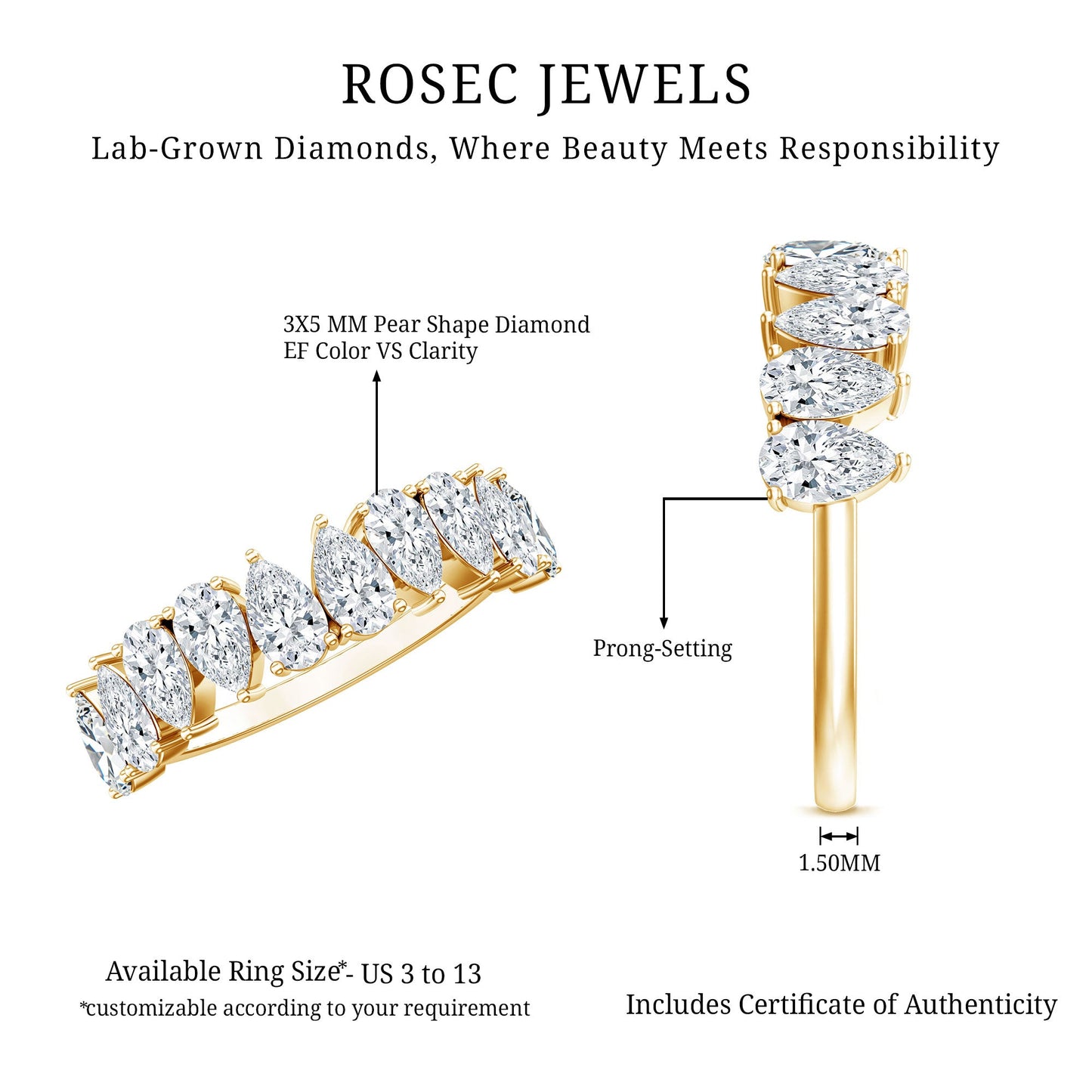 Pear Cut Lab Created Diamond Half Eternity Wedding Band