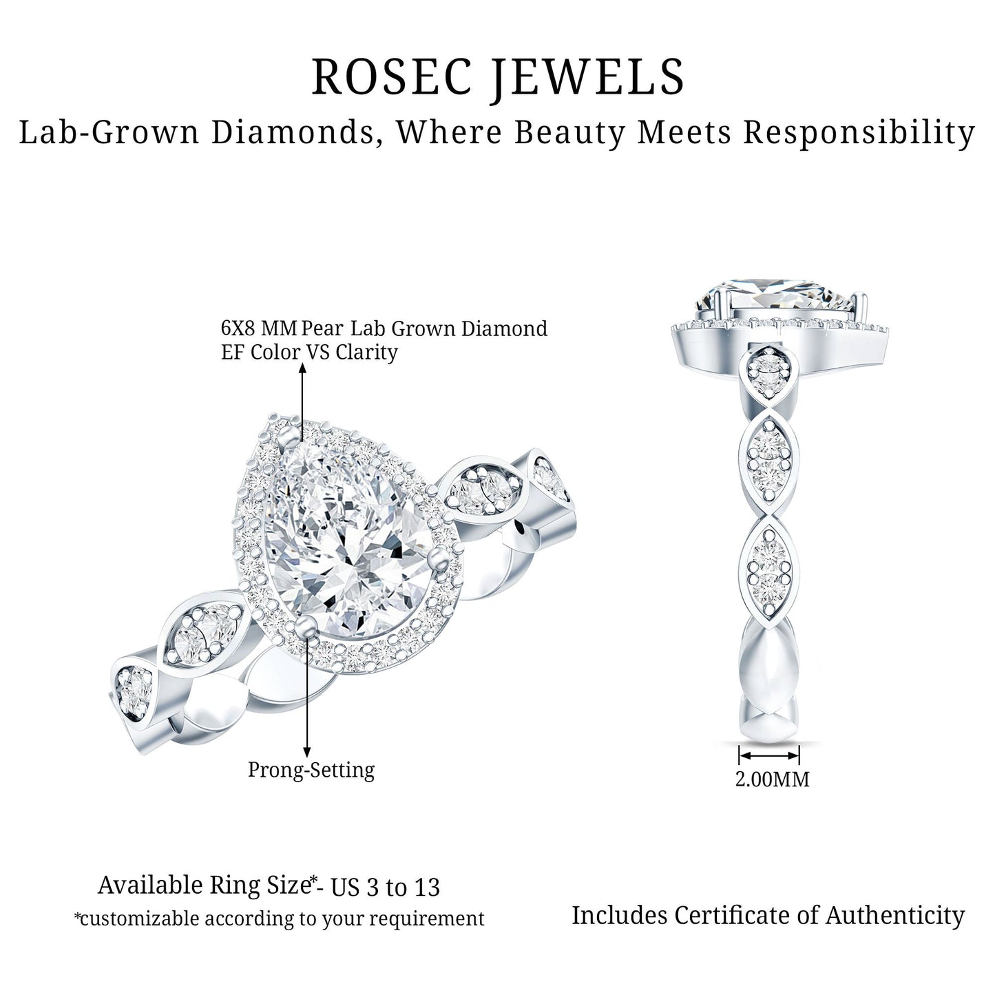 Lab Grown Diamond Teardrop Engagement Ring with Scalloped Shank