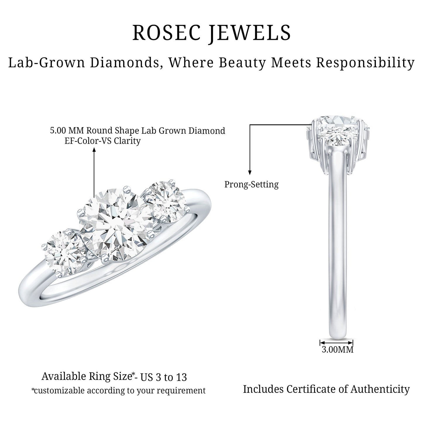 Certified Lab Grown Diamond Three Stone Engagement Ring for Her