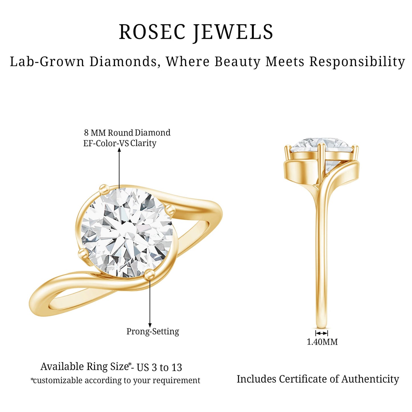Lab Grown 2 Carat Diamond Bypass Engagement Ring With Diagonal 4 Prong