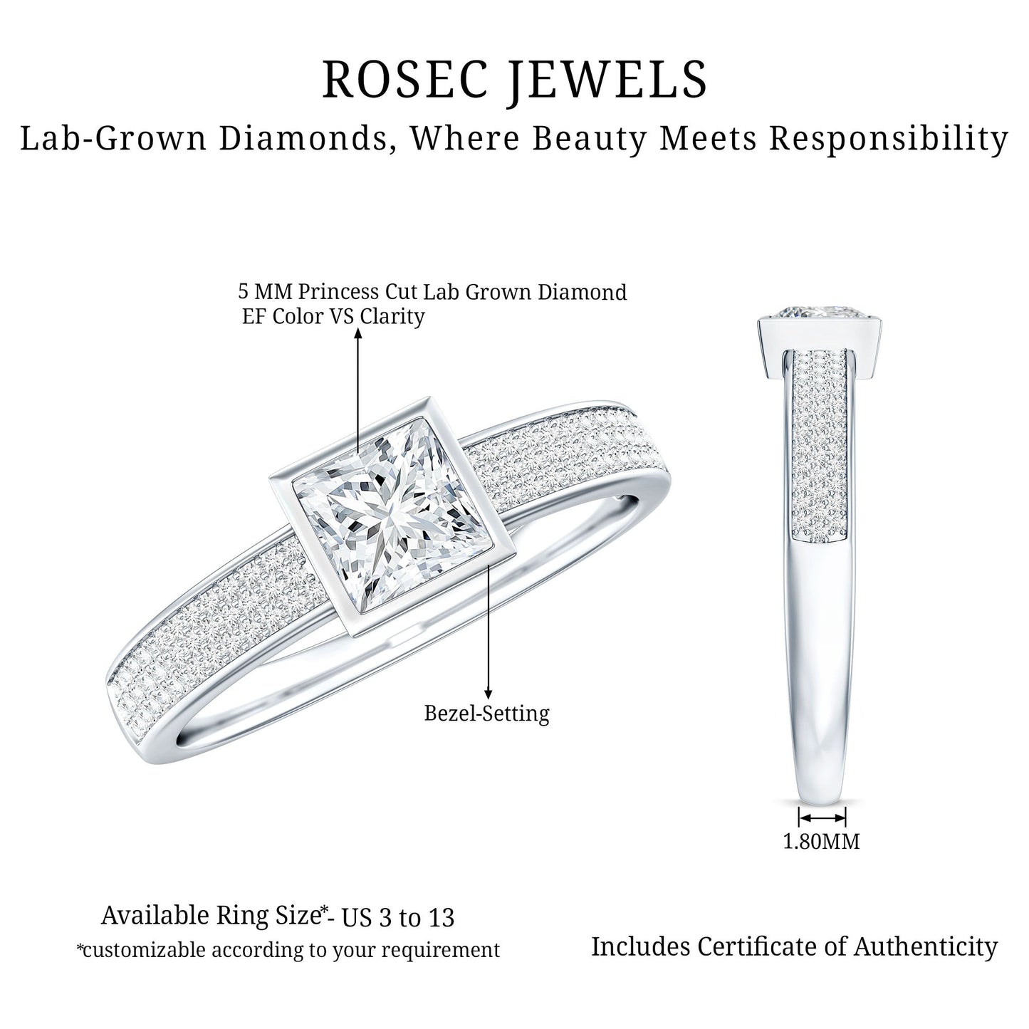 Princess Cut Lab Grown Diamond Bezel Set Engagement Ring