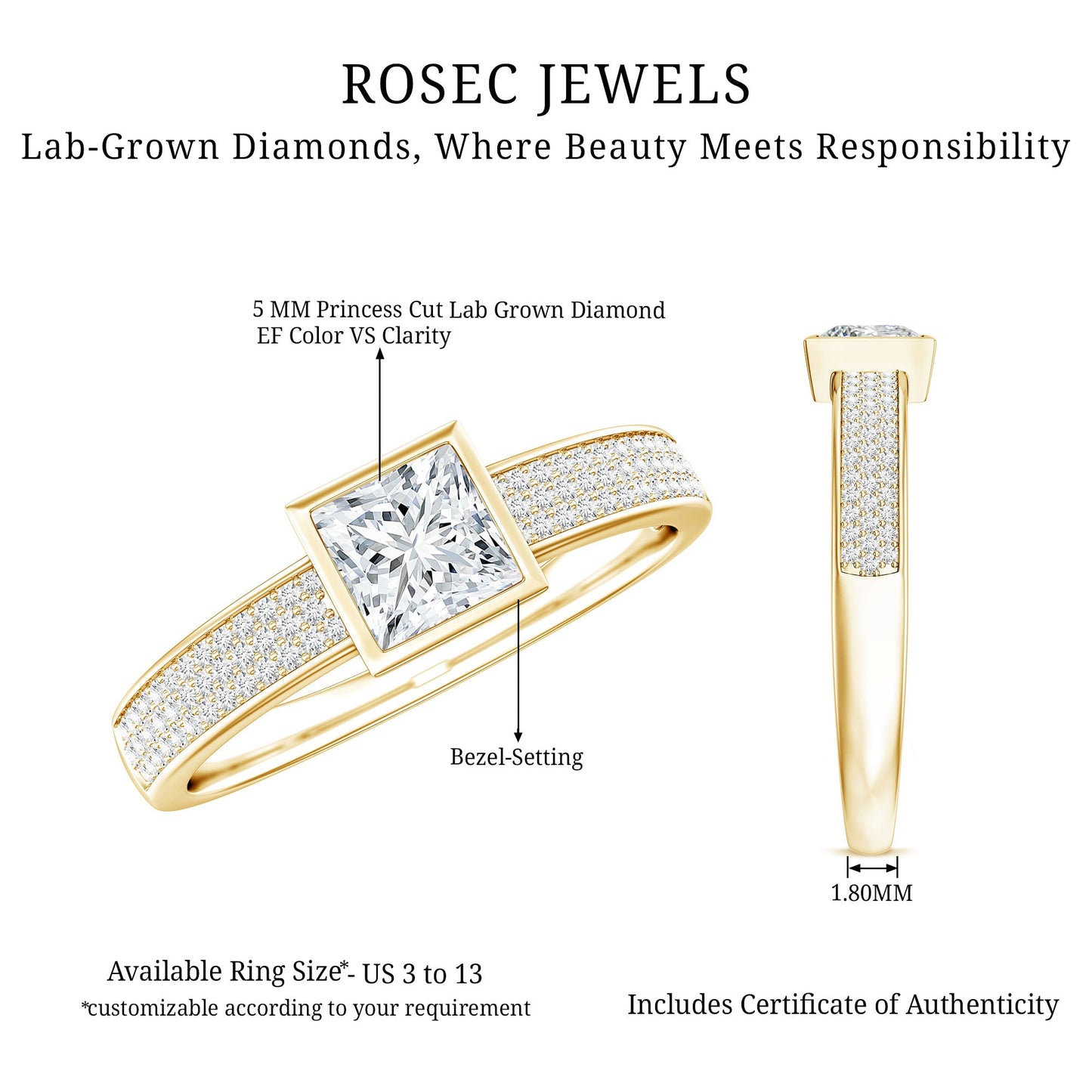 Princess Cut Lab Grown Diamond Bezel Set Engagement Ring