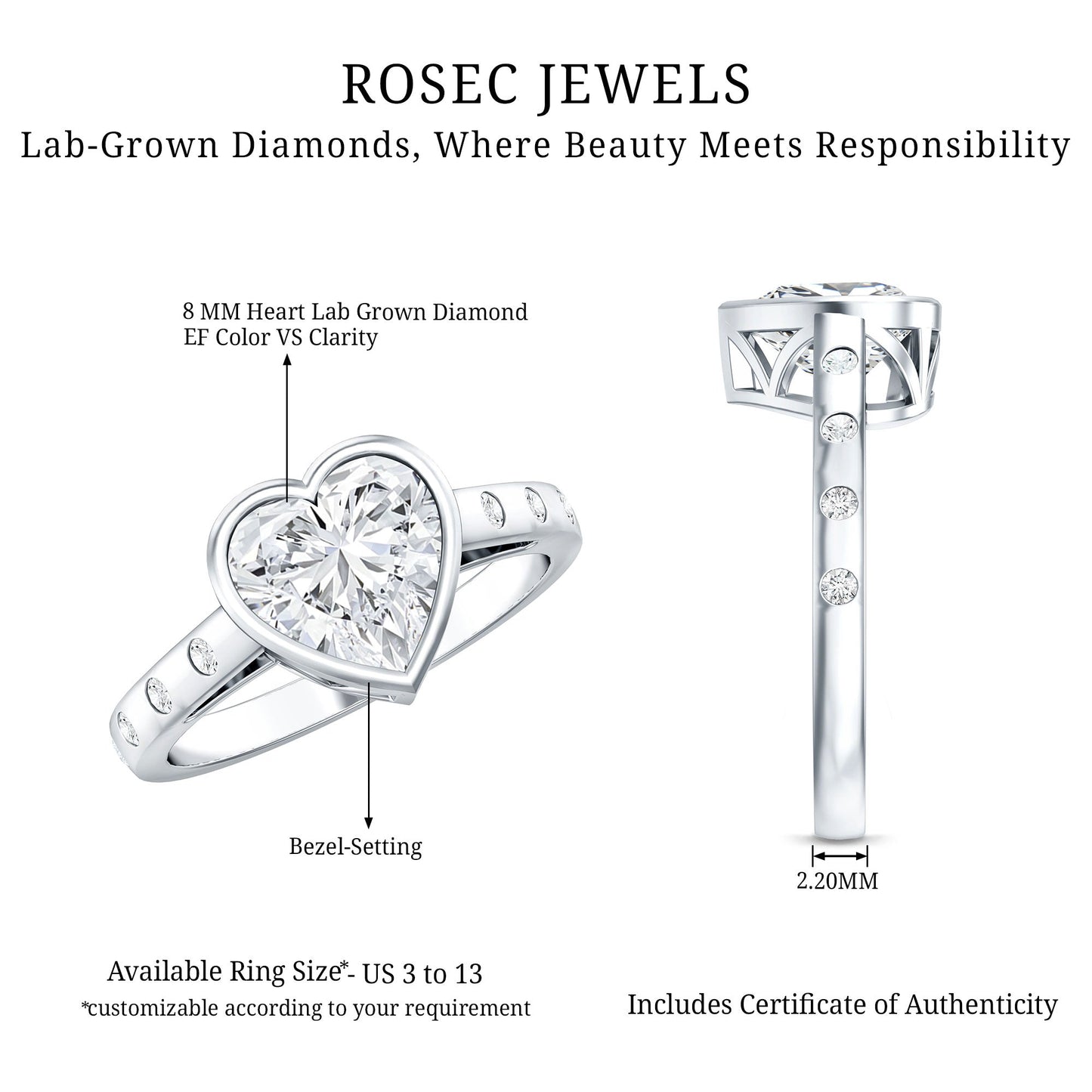 Bezel Set Brilliant Cut Lab Created Diamond Heart Engagement Ring For Women