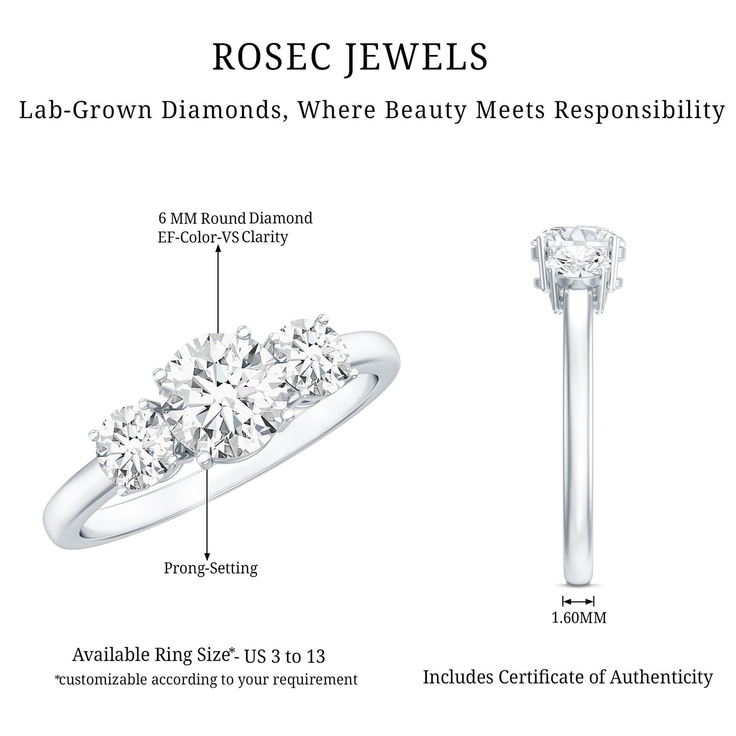 Round Cut Lab Grown Diamond 3 Stone Ring For Women