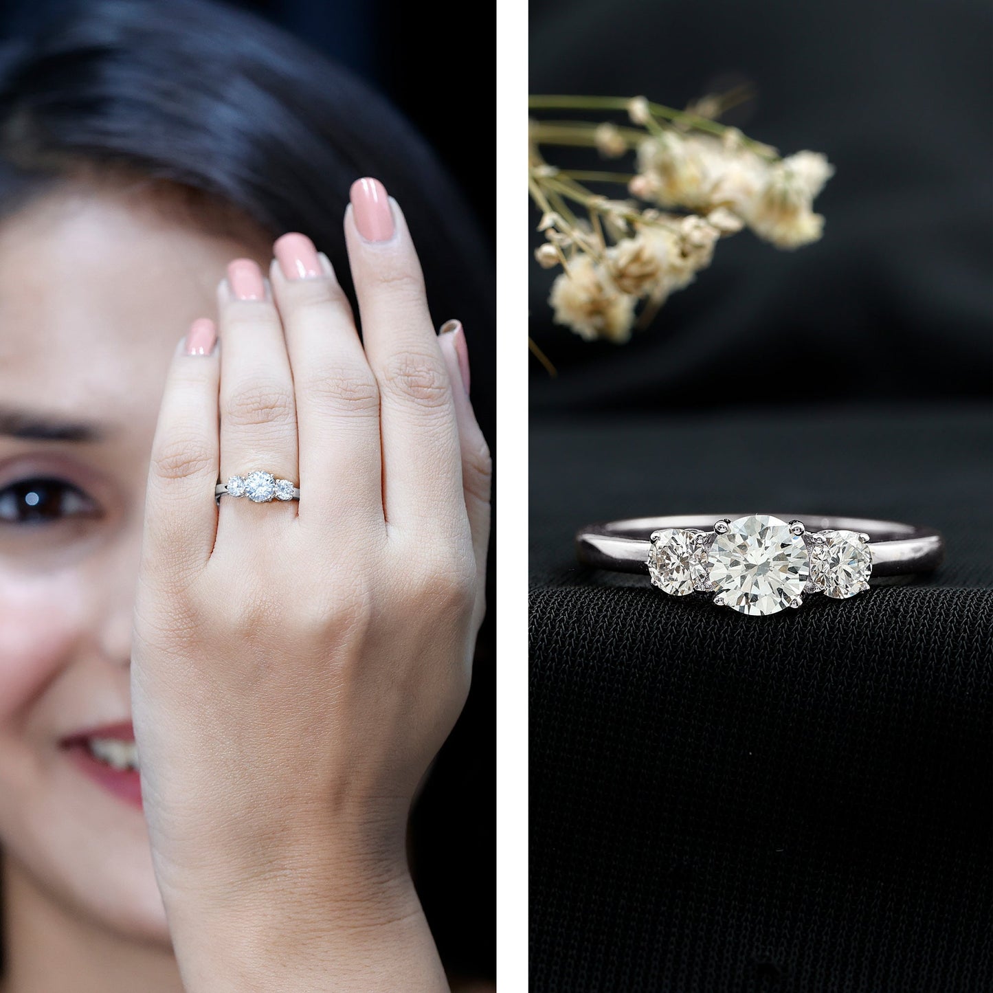 Round Cut Lab Grown Diamond 3 Stone Ring For Women