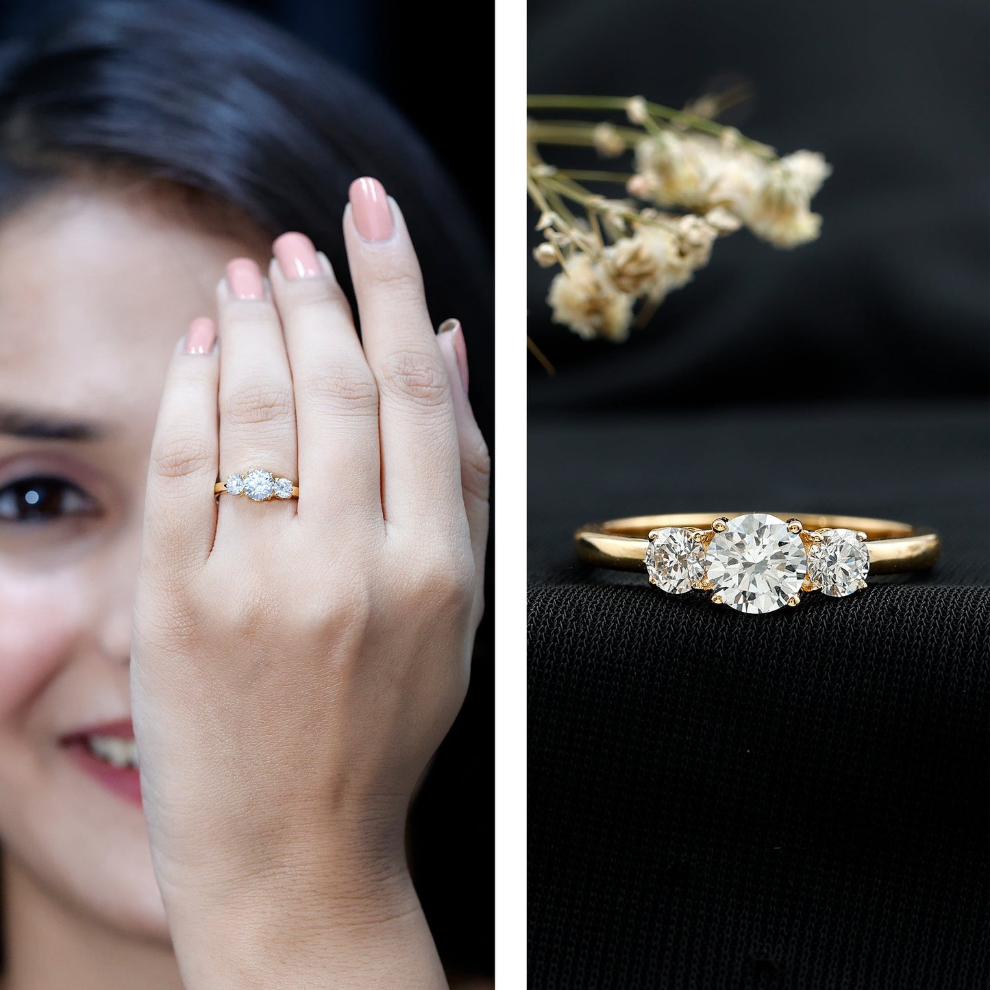 Round Cut Lab Grown Diamond 3 Stone Ring For Women