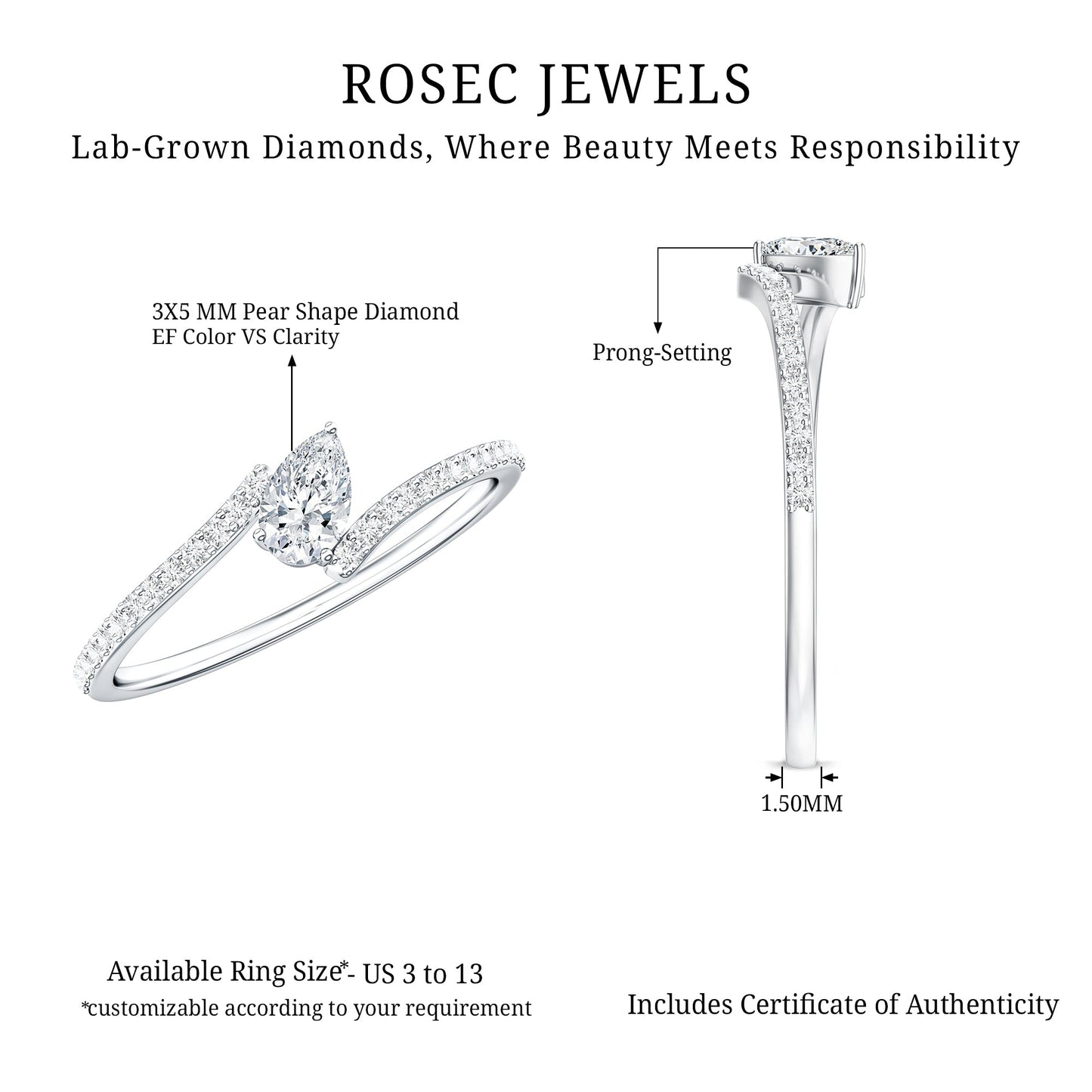 Pear Cut Lab Grown Diamond Bypass Promise Ring