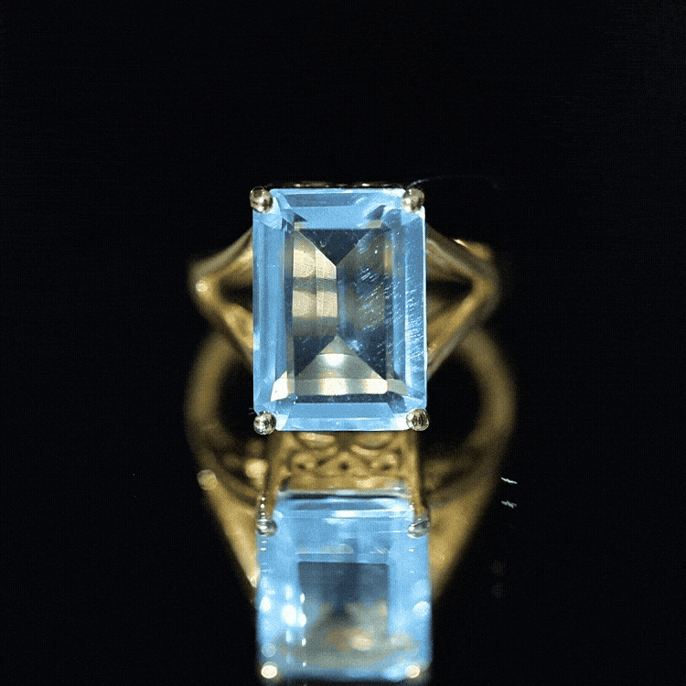 Certified 9 Carat Aquamarine Emerald Cut Engagement Ring in Yellow Gold Plated Silver