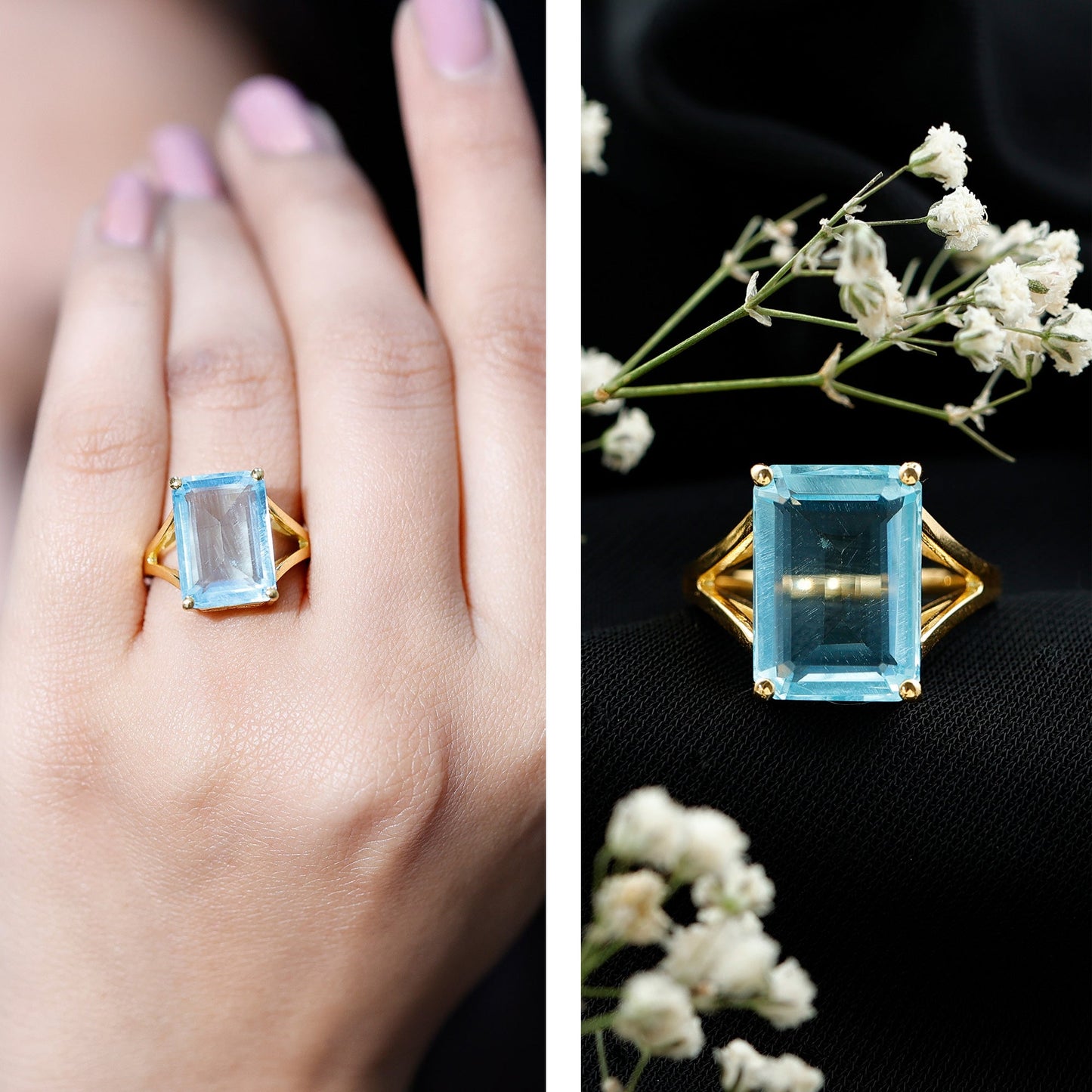 Certified 9 Carat Aquamarine Emerald Cut Engagement Ring in Yellow Gold Plated Silver
