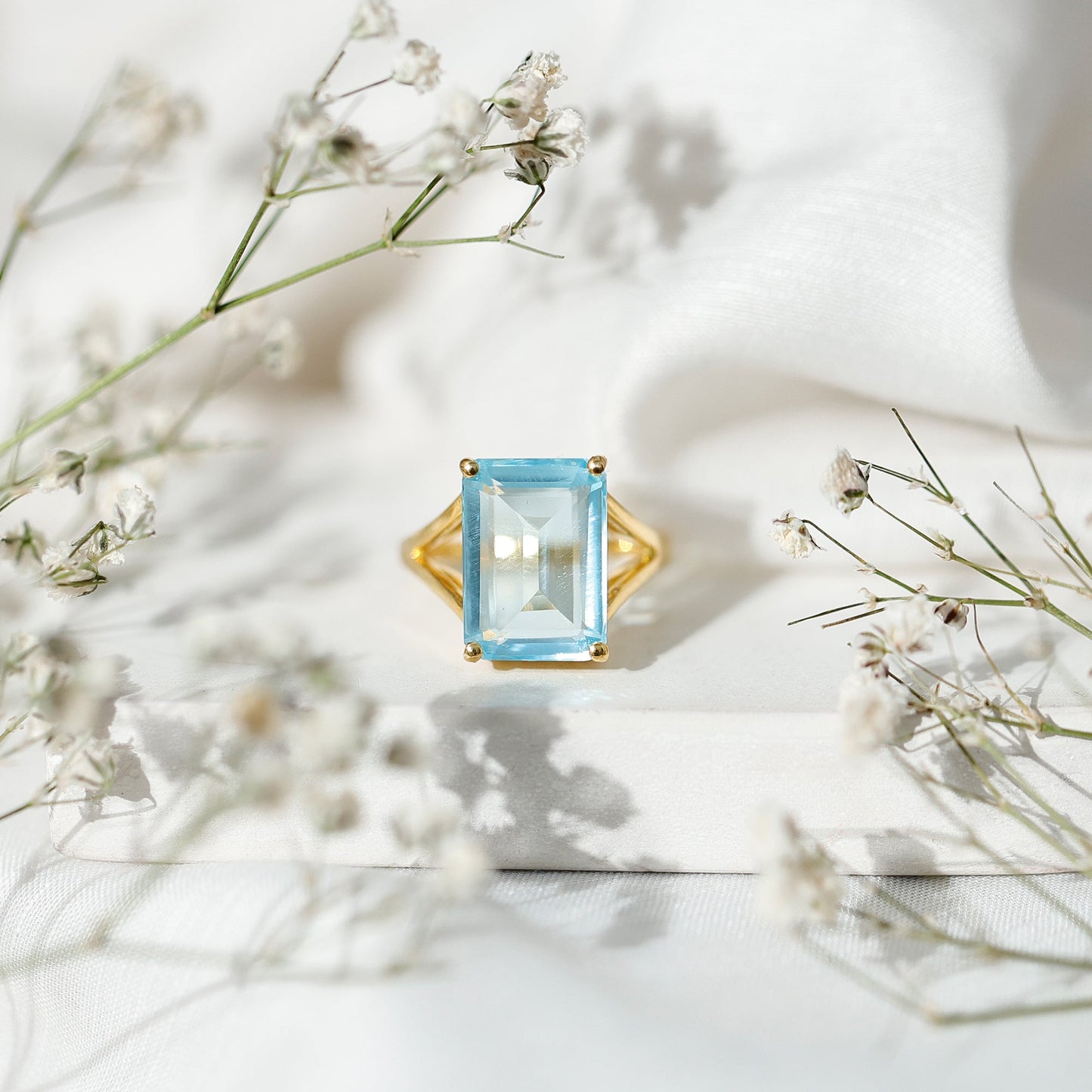 Certified 9 Carat Aquamarine Emerald Cut Engagement Ring in Yellow Gold Plated Silver