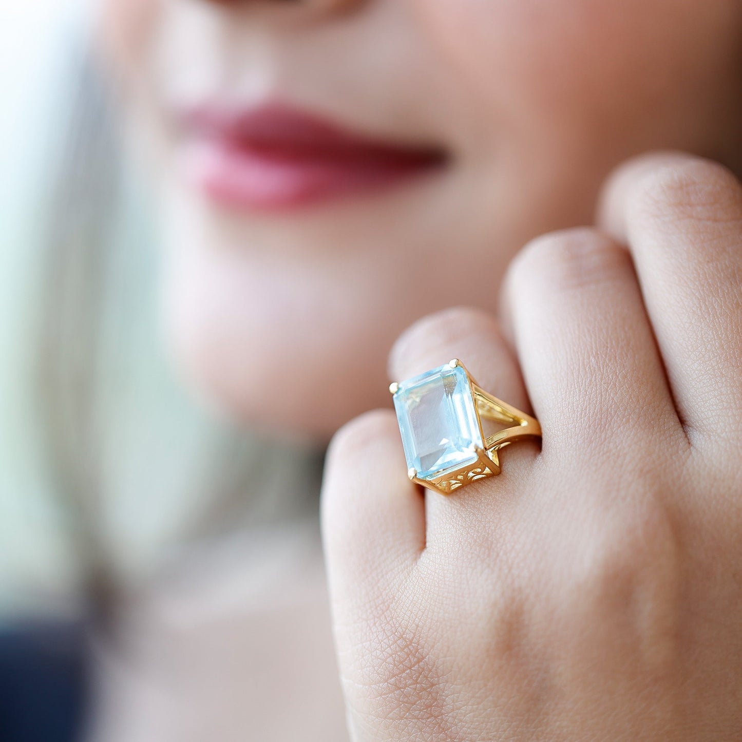 Certified 9 Carat Aquamarine Emerald Cut Engagement Ring in Yellow Gold Plated Silver