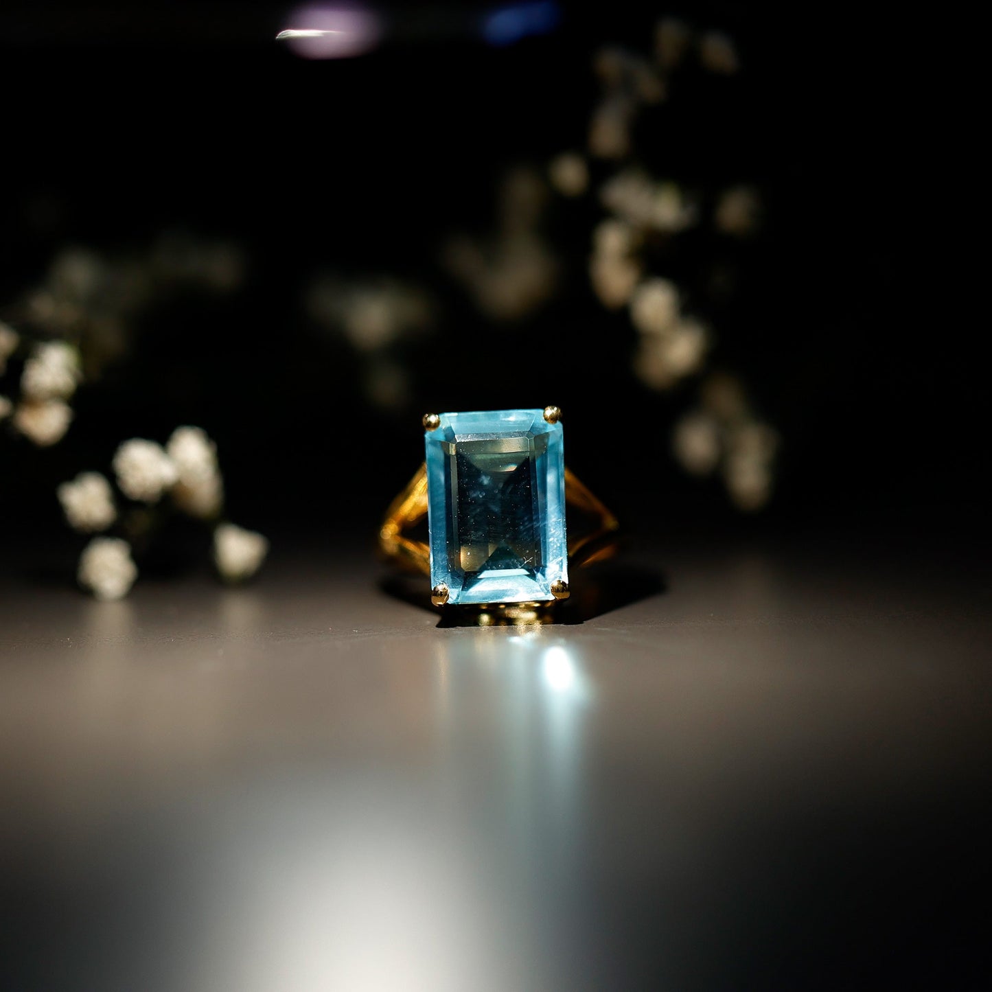 Certified 9 Carat Aquamarine Emerald Cut Engagement Ring in Yellow Gold Plated Silver