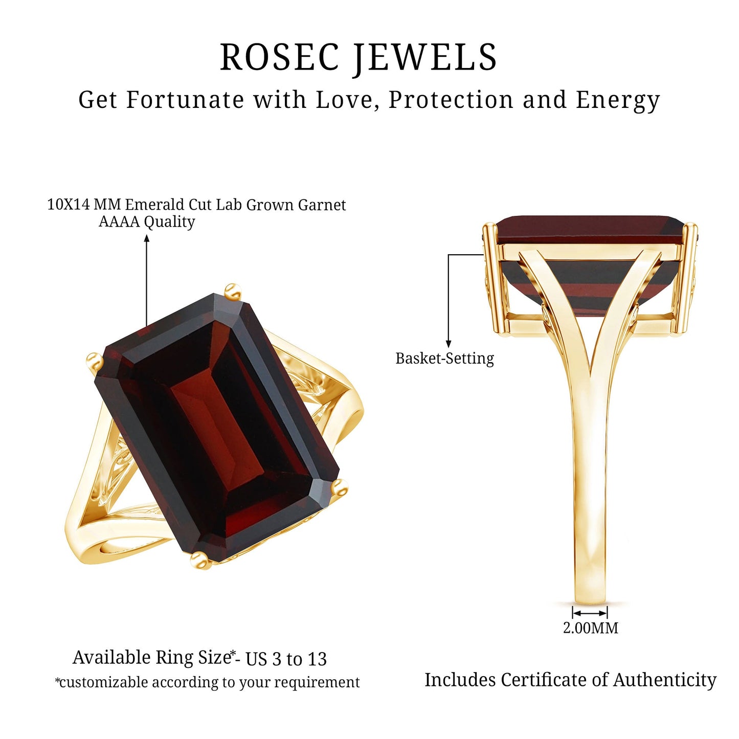 Certified 9 Carat Lab Grown Garnet Emerald Cut Engagement Ring with Split Shank