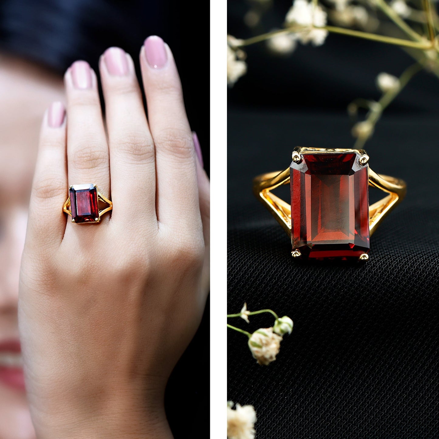 Certified 9 Carat Lab Grown Garnet Emerald Cut Engagement Ring with Split Shank