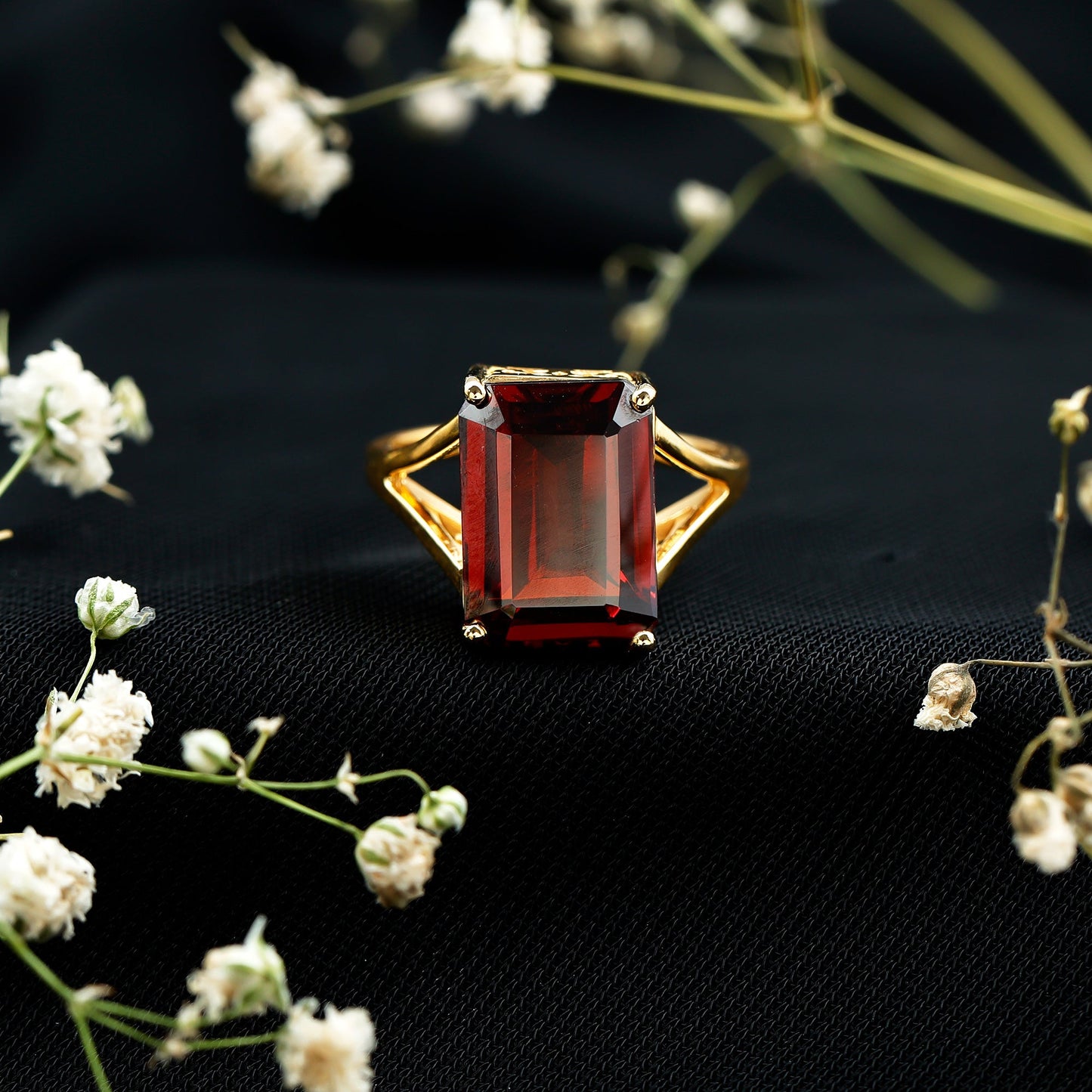 Certified 9 Carat Lab Grown Garnet Emerald Cut Engagement Ring with Split Shank