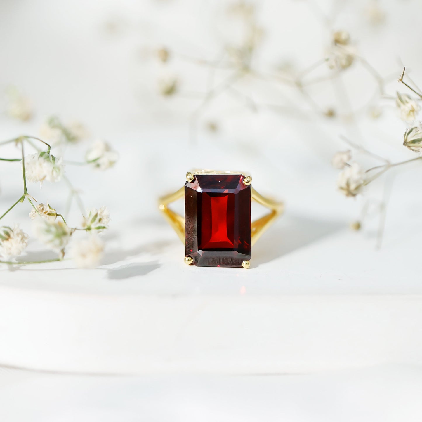 Certified 9 Carat Lab Grown Garnet Emerald Cut Engagement Ring with Split Shank
