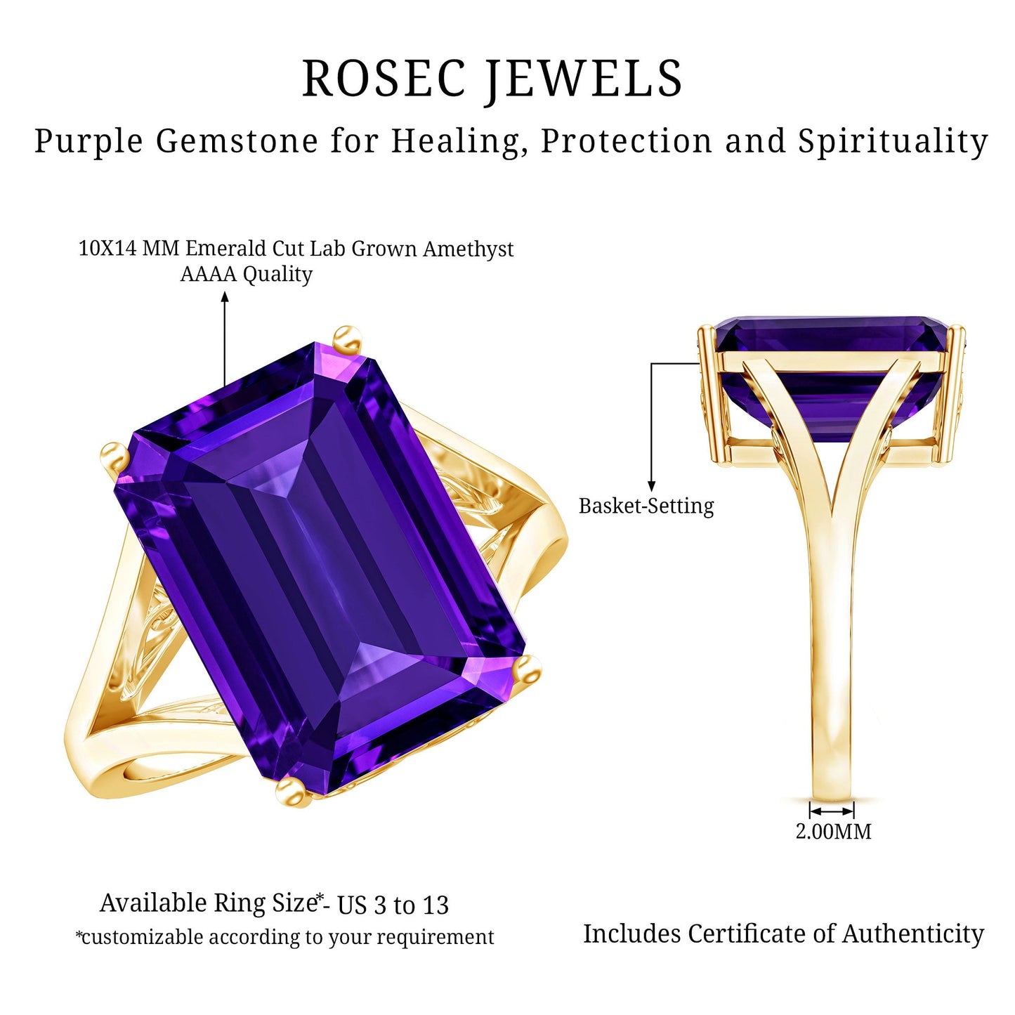 Certified 9 Carat Emerald Cut Lab Grown Amethyst Engagement Ring