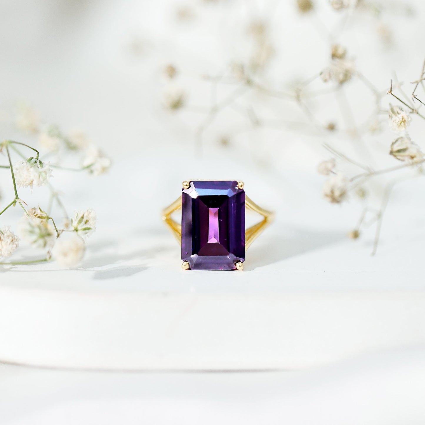 Certified 9 Carat Emerald Cut Lab Grown Amethyst Engagement Ring
