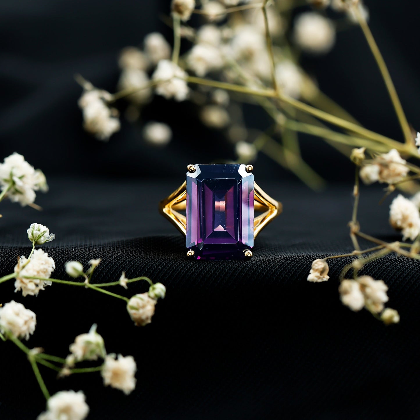 Certified 9 Carat Emerald Cut Lab Grown Amethyst Engagement Ring