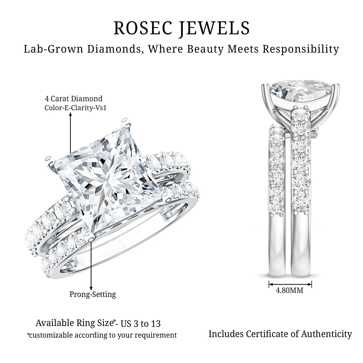 4 Carat IGI Certified Lab Grown Diamond Princess Cut Bridal Ring Set