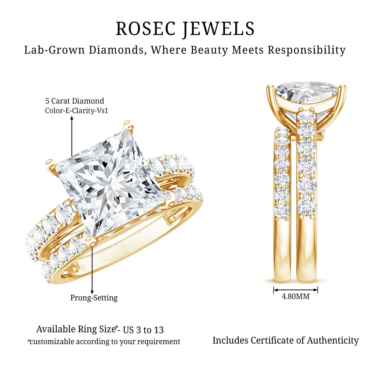5 Carat IGI Certified Princess Cut Lab Diamond Engagement Ring with Band