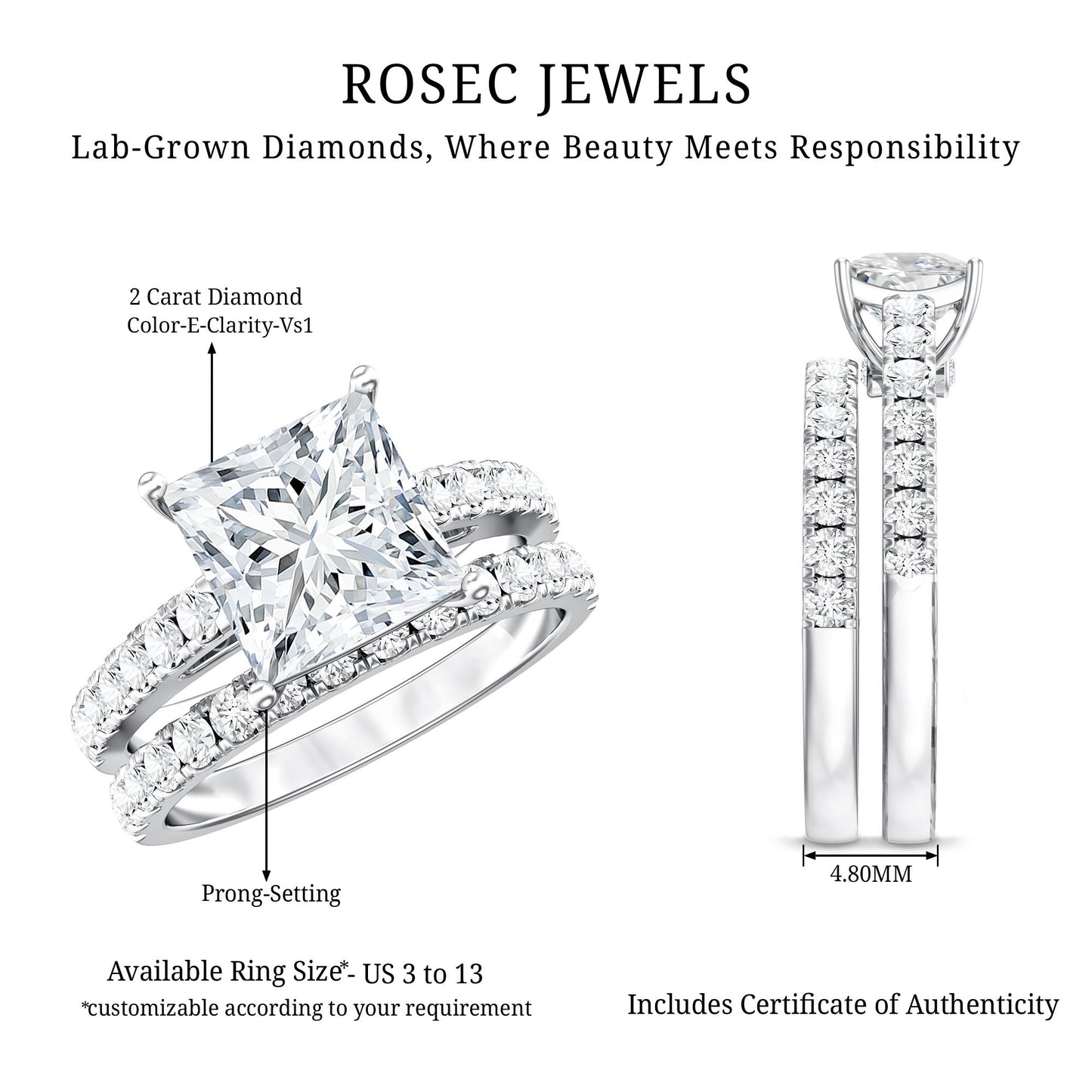 IGI Certified 2 Carat Lab Grown Diamond Princess Cut Bridal Ring Set