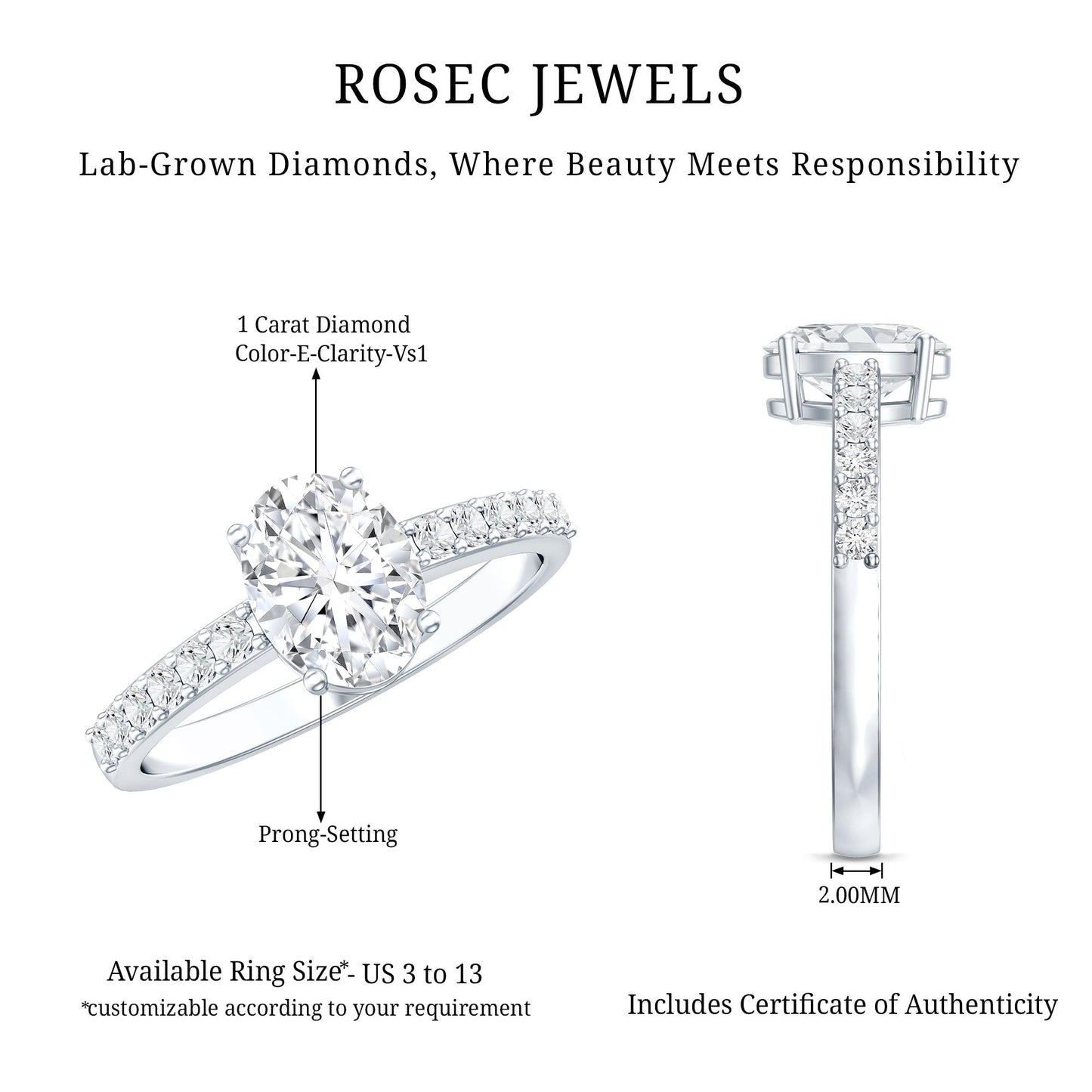 1 Carat Oval Shaped Lab Grown Diamond Engagement Ring with IGI Certificate