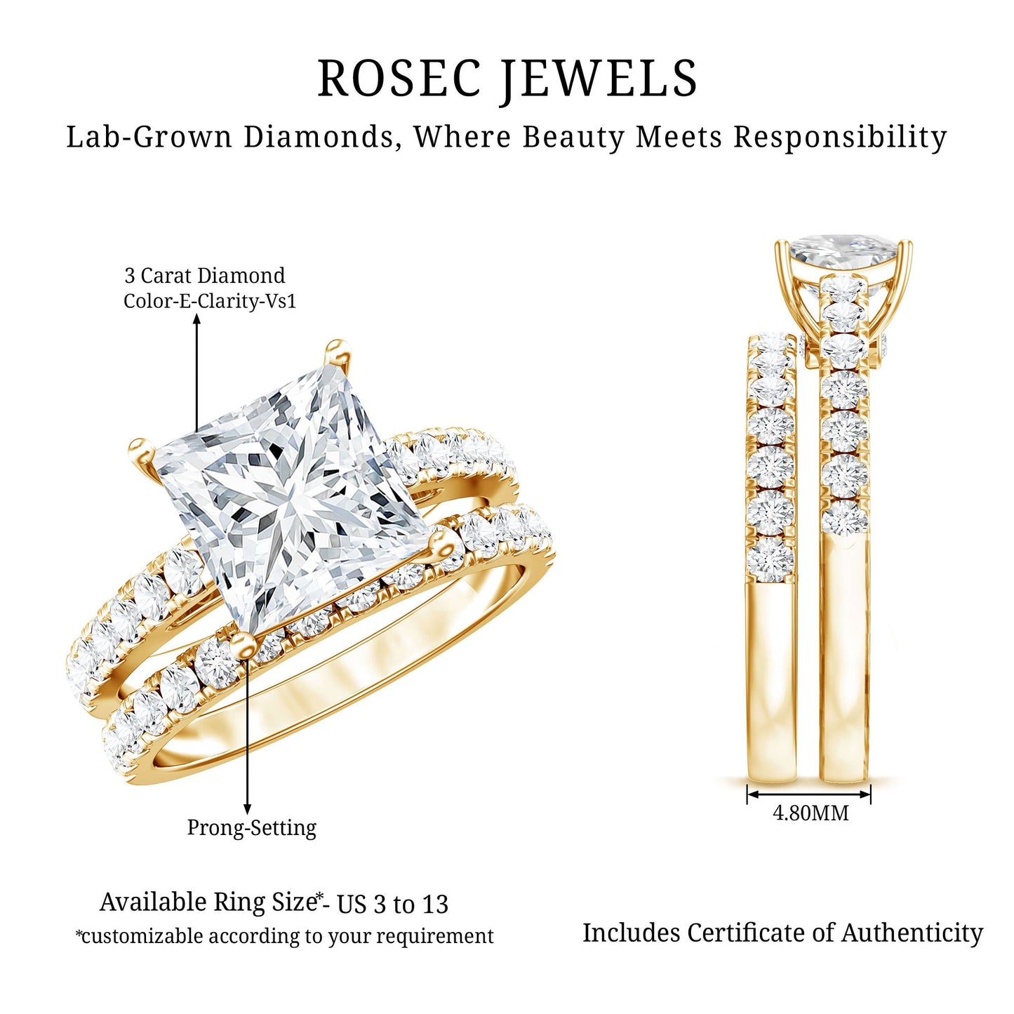 IGI Certified 3 Carat Princess Cut Lab Grown Diamond Wedding Ring Set
