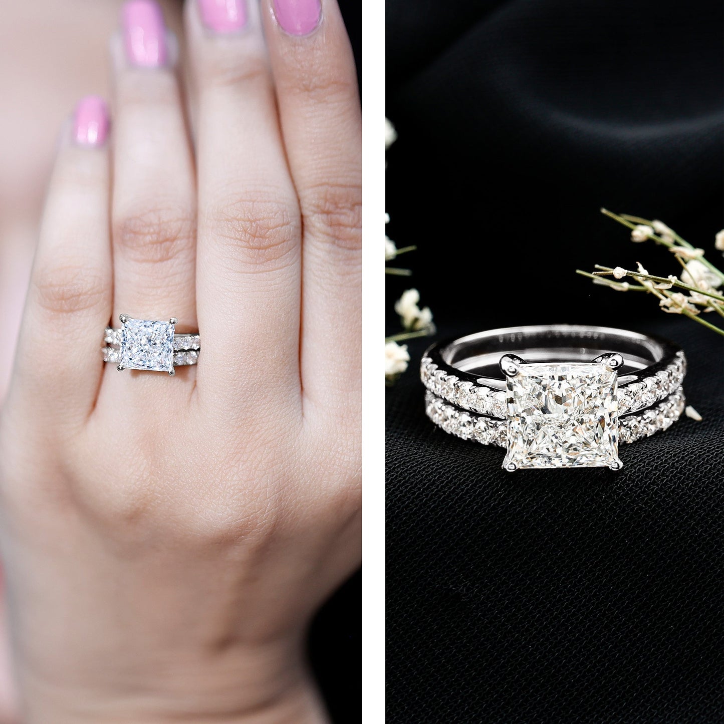 IGI Certified 4 Carat Princess Cut Lab Grown Diamond Engagement Ring With Wedding Band