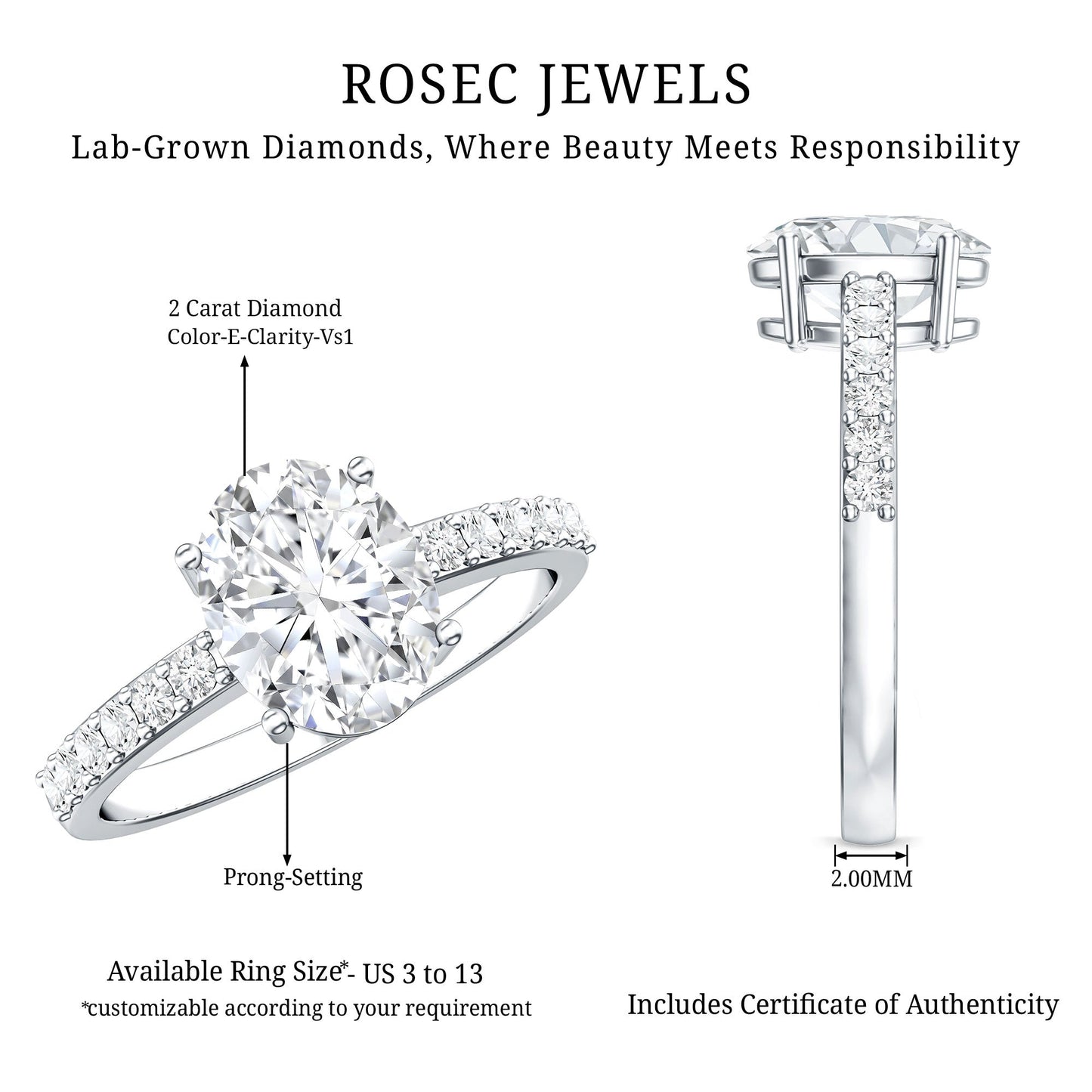 Lab Grown 2 Carat Diamond Oval Engagement Ring with IGI Certificate