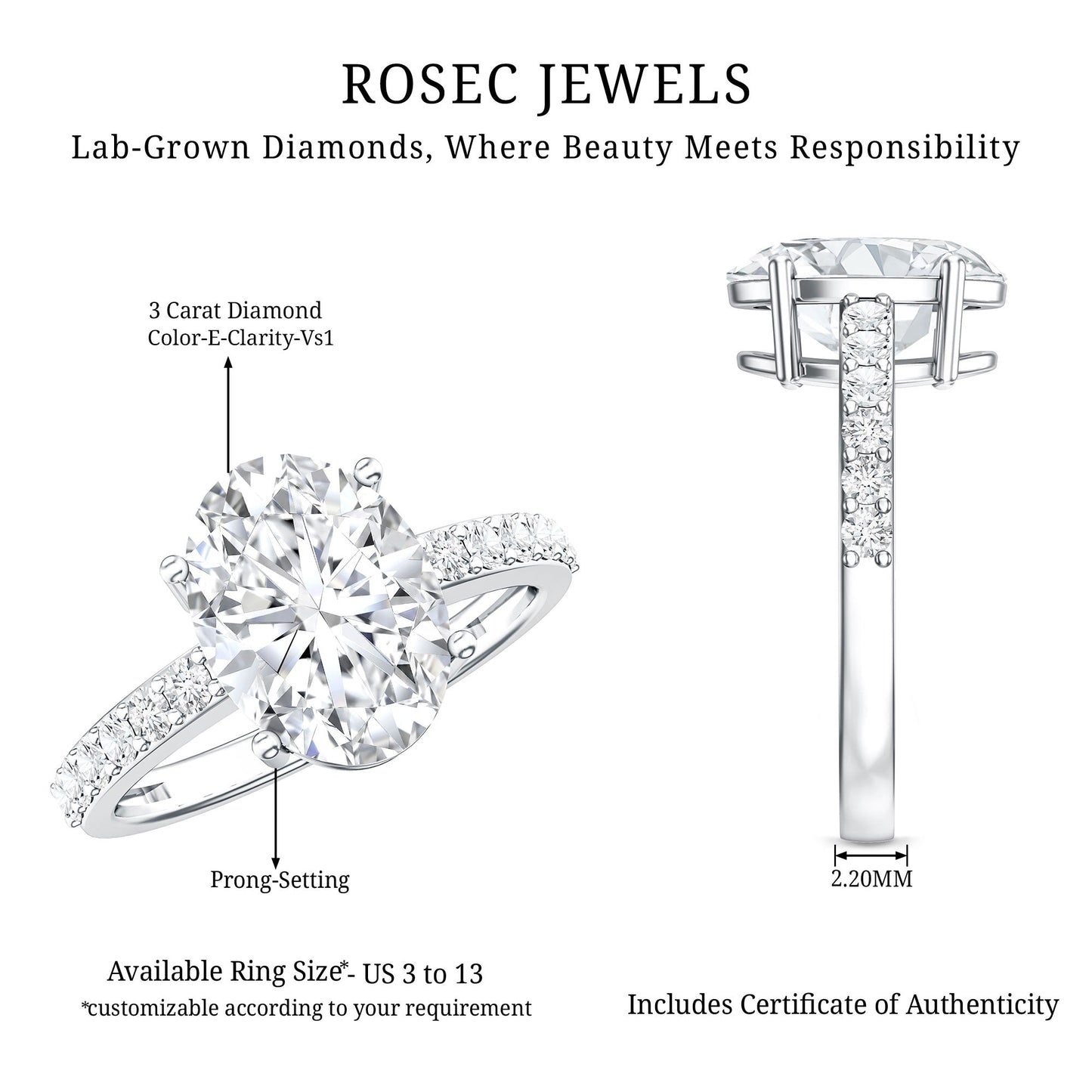 IGI Certified 3 Carat Lab Grown Oval Diamond Engagement Ring for Women