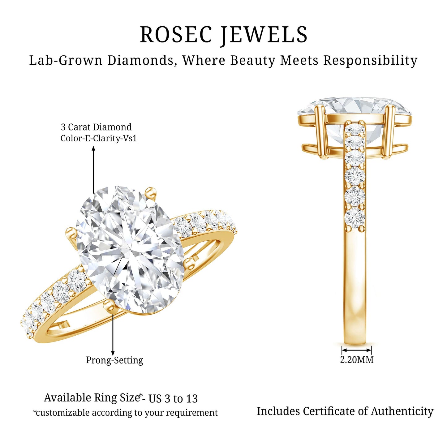 IGI Certified 3 Carat Lab Grown Oval Diamond Engagement Ring for Women