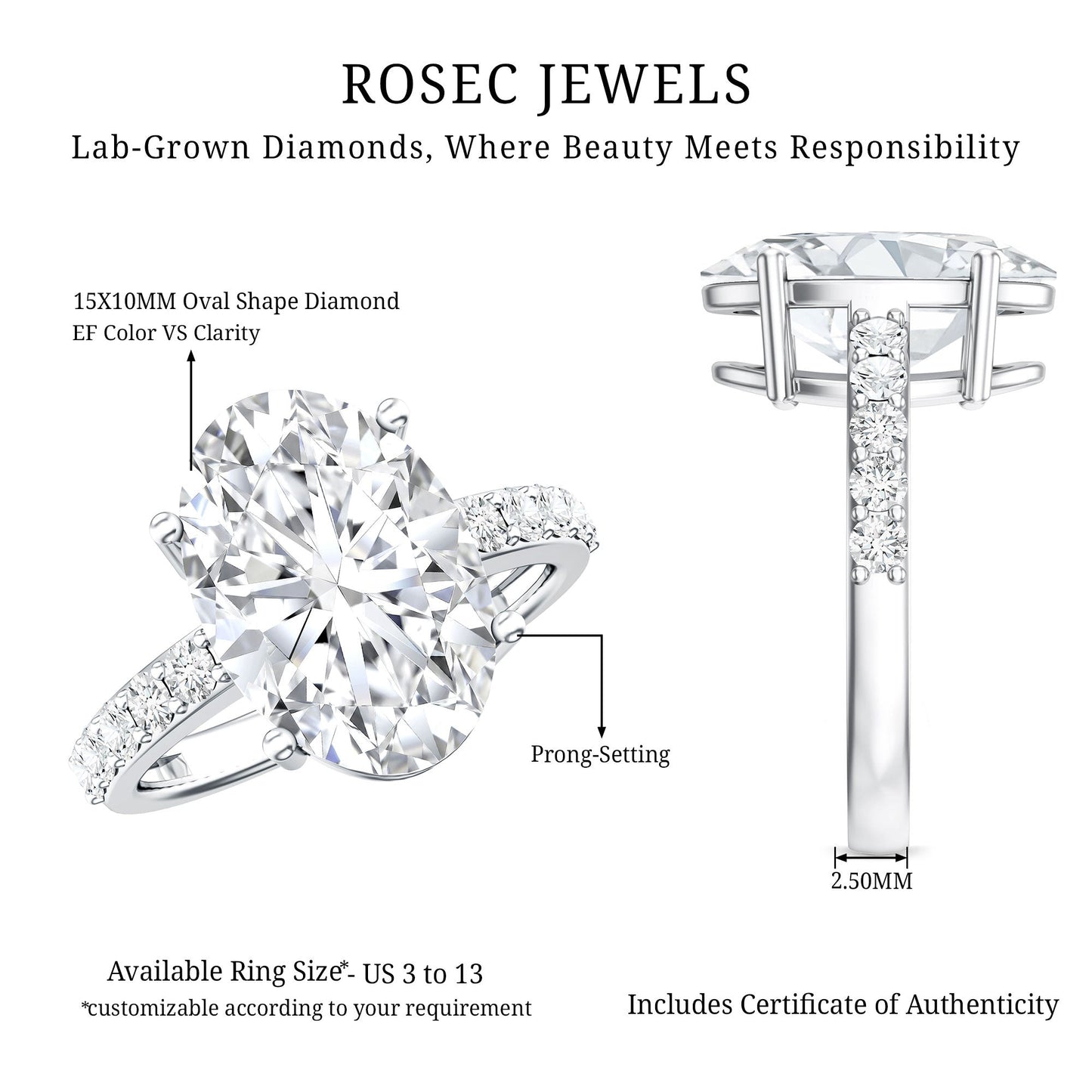 5 Carat Big Lab Grown Diamond Oval Engagement Ring with IGI Certificate