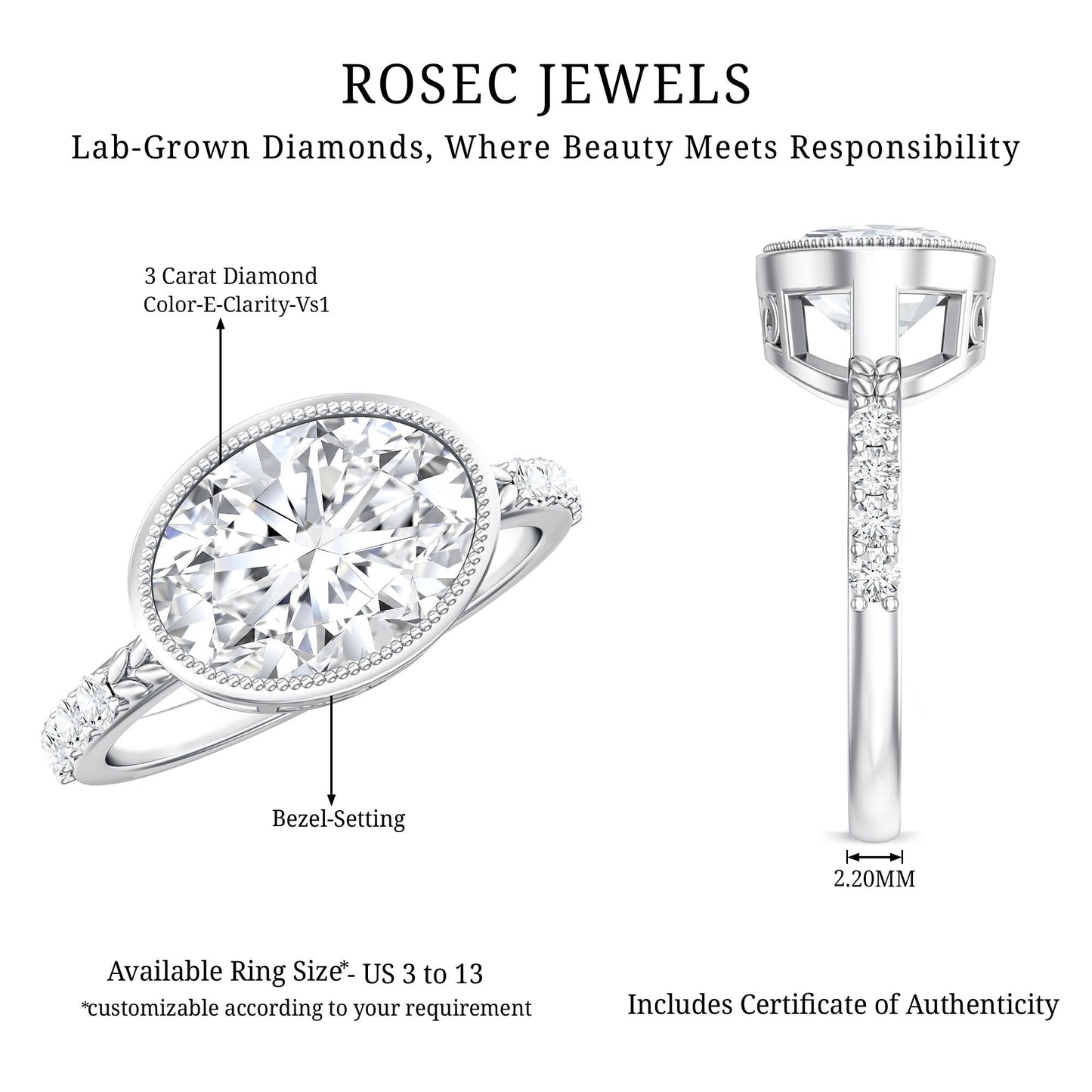 3 Carat Big Lab Grown Diamond Bezel Set Engagement Ring with IGI Certificate