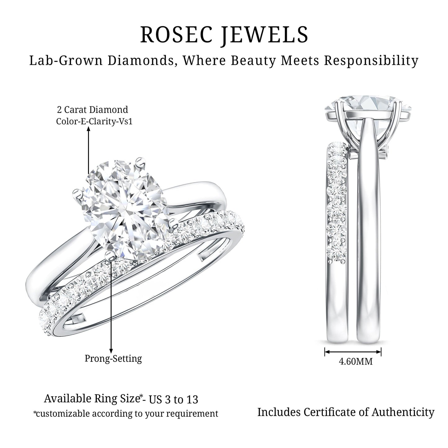 IGI Certified 2 Carat Oval Lab Grown Diamond Bridal Ring Set of 2